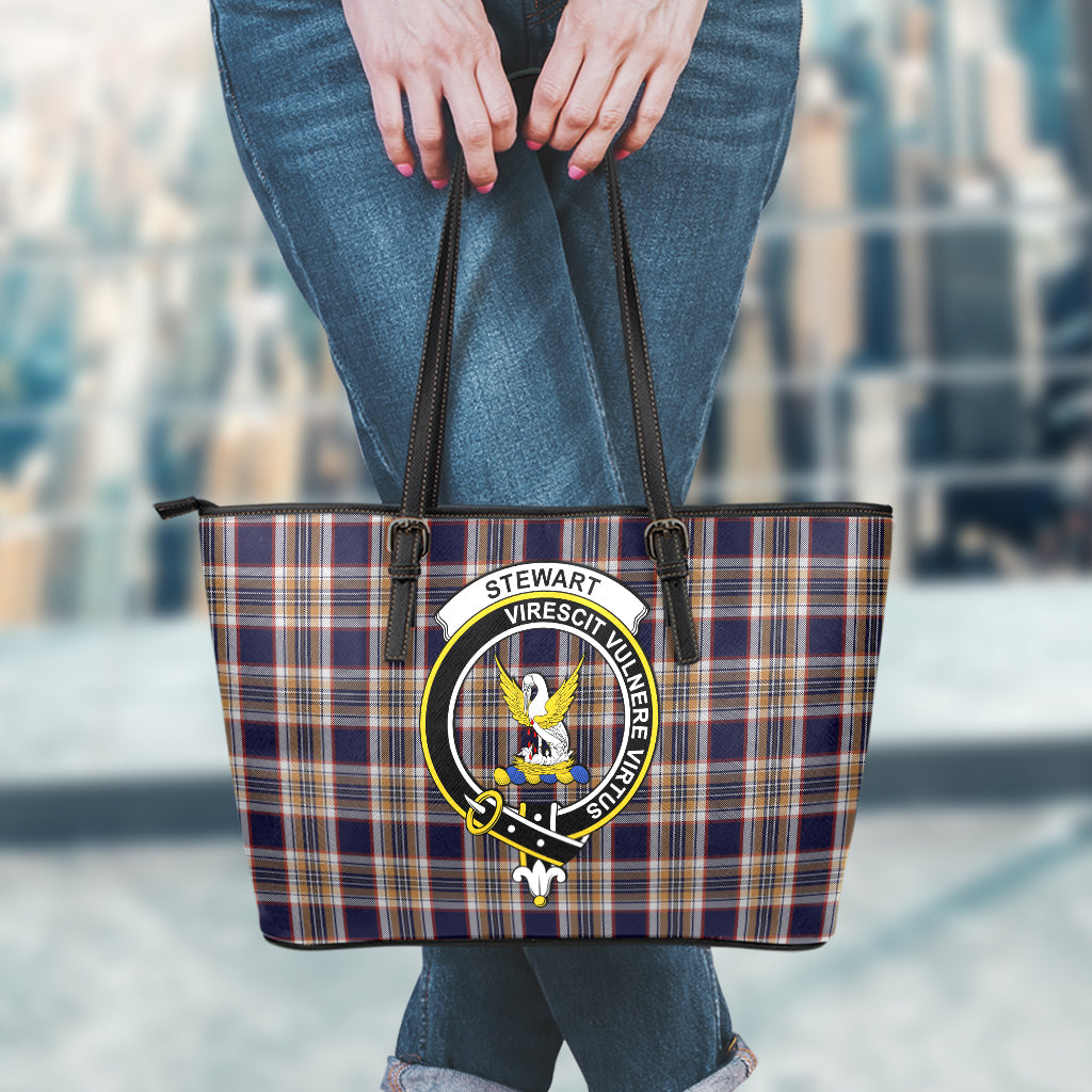 Stewart Navy Tartan Leather Tote Bag with Family Crest - Tartan Vibes Clothing