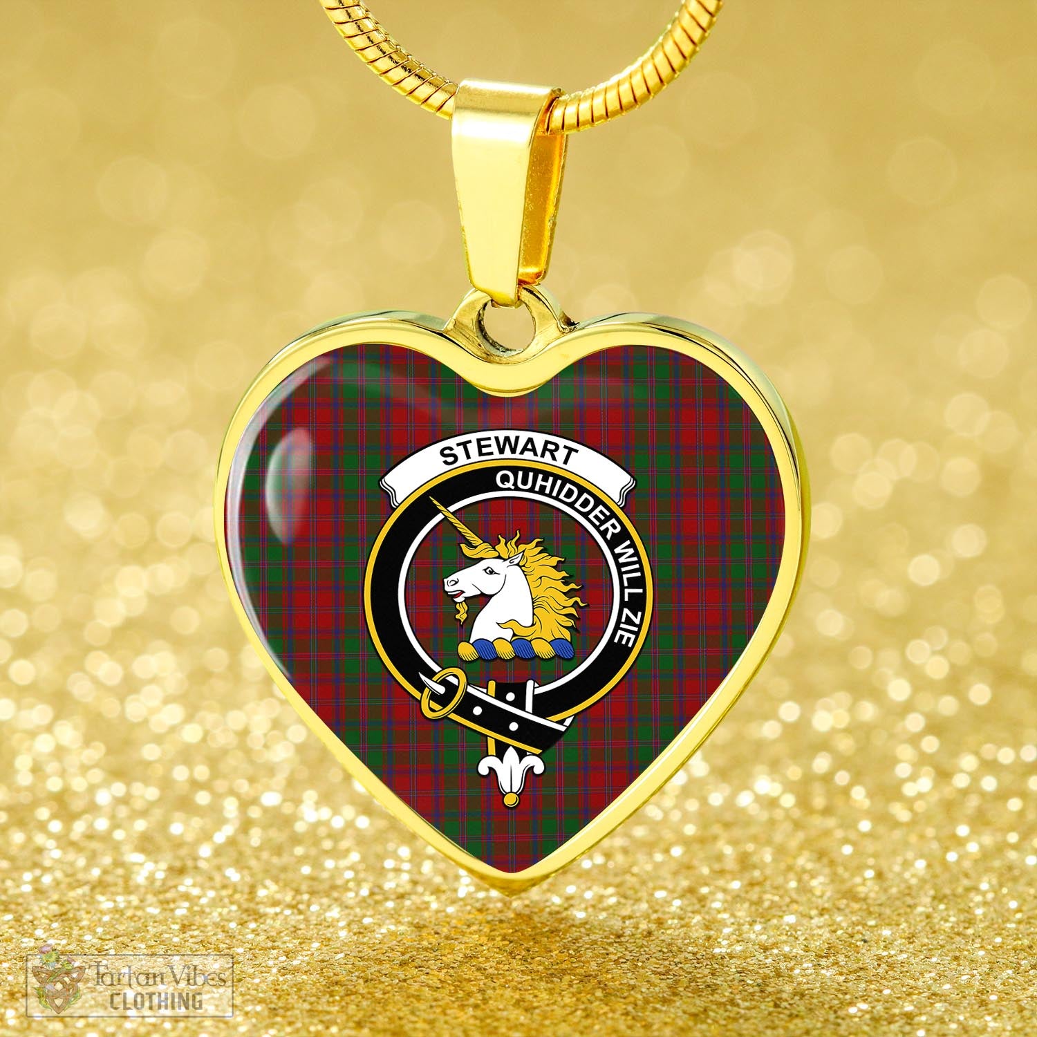 Tartan Vibes Clothing Stewart of Appin Tartan Heart Necklace with Family Crest