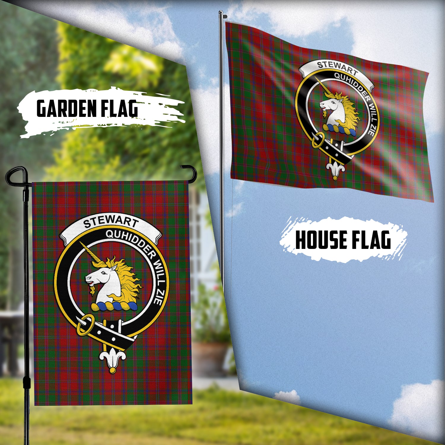 Stewart (Stuart) of Appin Tartan Flag with Family Crest Garden Flag (Vertical) - Tartan Vibes Clothing