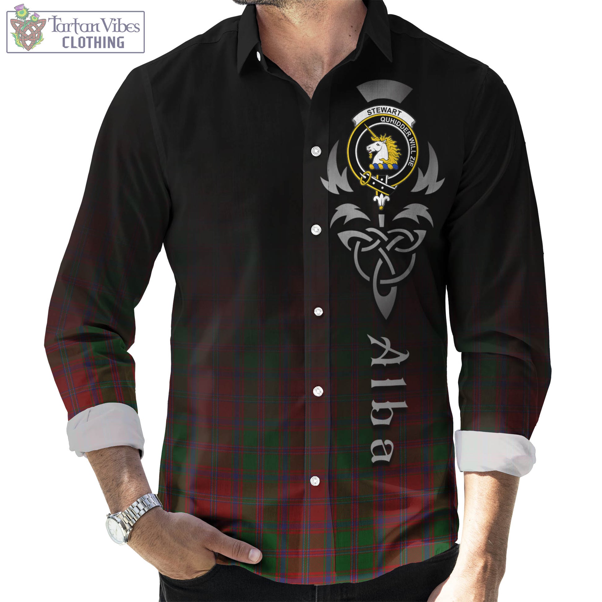 Tartan Vibes Clothing Stewart of Appin Tartan Long Sleeve Button Up Featuring Alba Gu Brath Family Crest Celtic Inspired