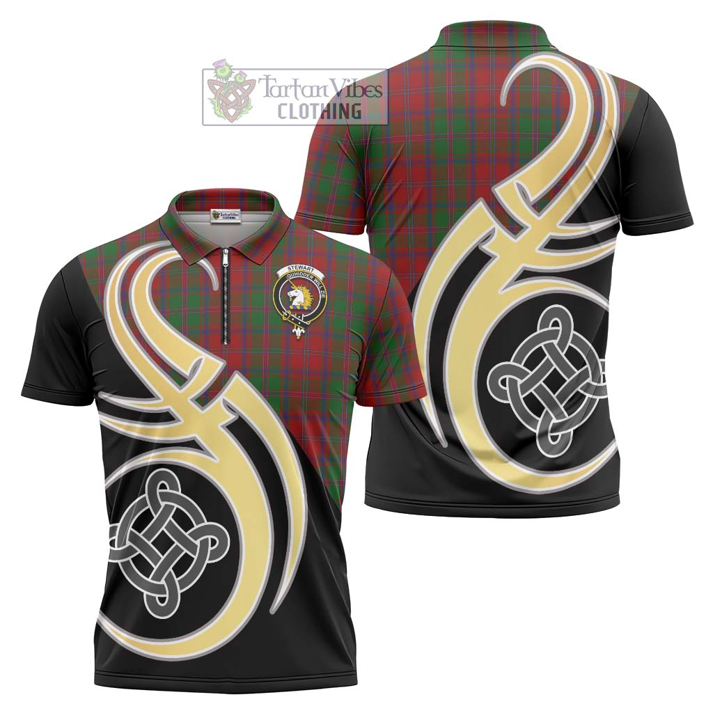 Tartan Vibes Clothing Stewart of Appin Tartan Zipper Polo Shirt with Family Crest and Celtic Symbol Style