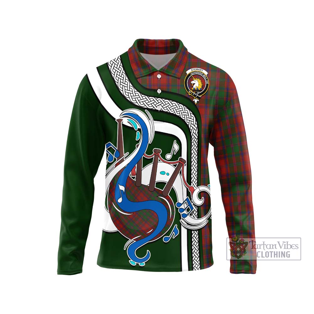 Tartan Vibes Clothing Stewart of Appin Tartan Long Sleeve Polo Shirt with Epic Bagpipe Style