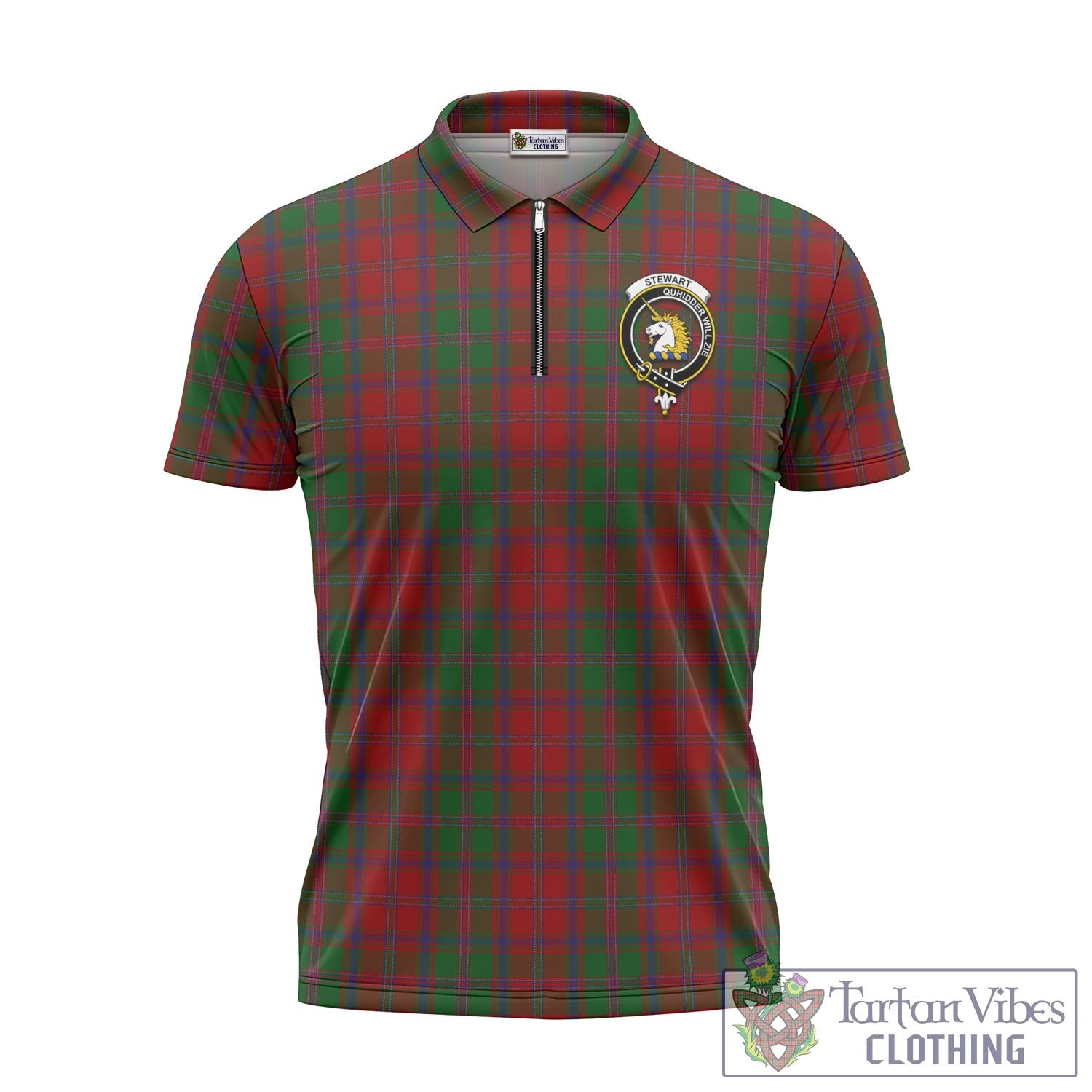 Tartan Vibes Clothing Stewart of Appin Tartan Zipper Polo Shirt with Family Crest