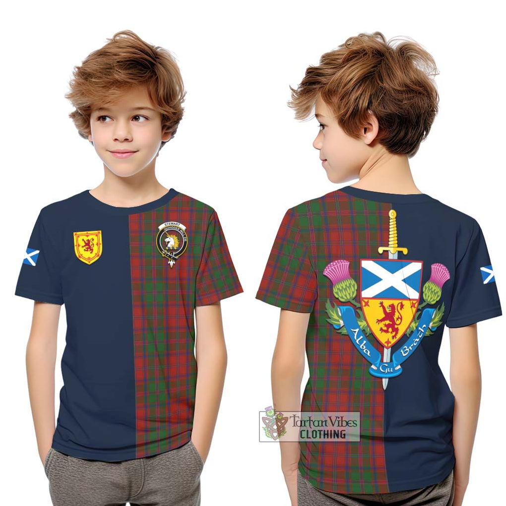 Tartan Vibes Clothing Stewart of Appin Tartan Kid T-Shirt with Scottish Lion Royal Arm Half Style