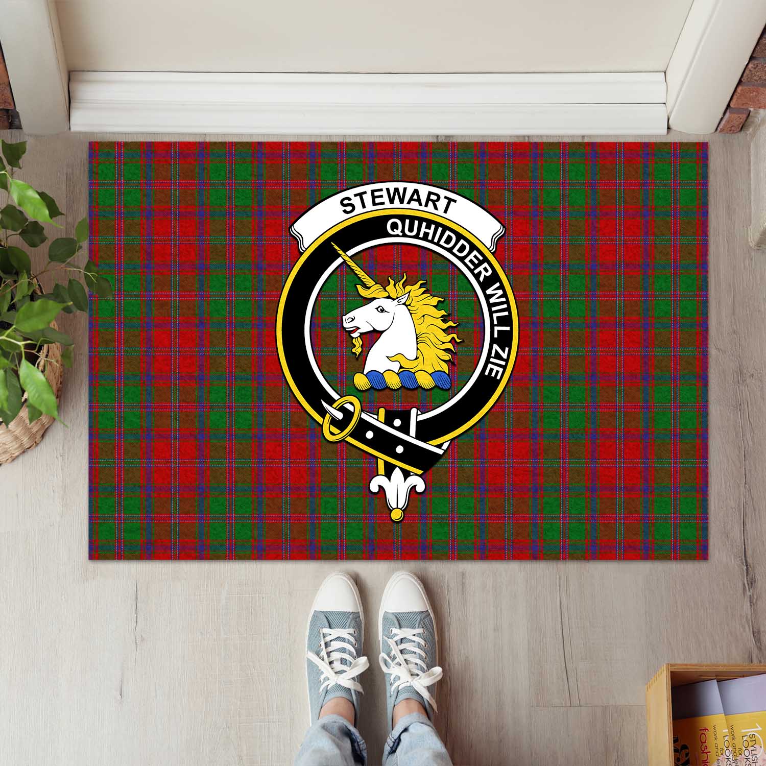 Stewart of Appin Tartan Door Mat with Family Crest - Tartanvibesclothing Shop