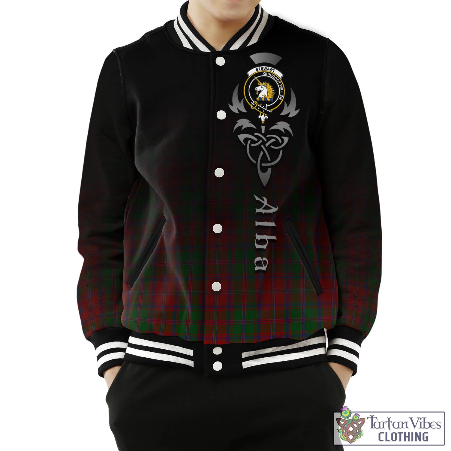 Tartan Vibes Clothing Stewart of Appin Tartan Baseball Jacket Featuring Alba Gu Brath Family Crest Celtic Inspired