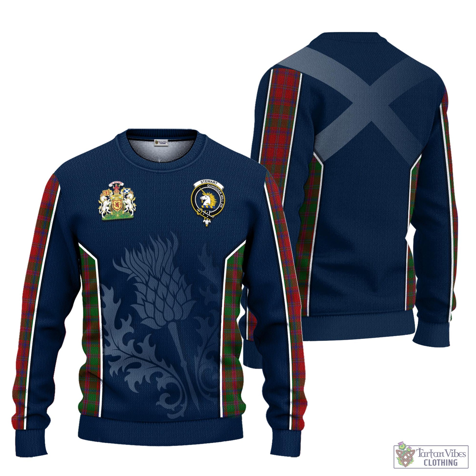 Tartan Vibes Clothing Stewart of Appin Tartan Knitted Sweatshirt with Family Crest and Scottish Thistle Vibes Sport Style