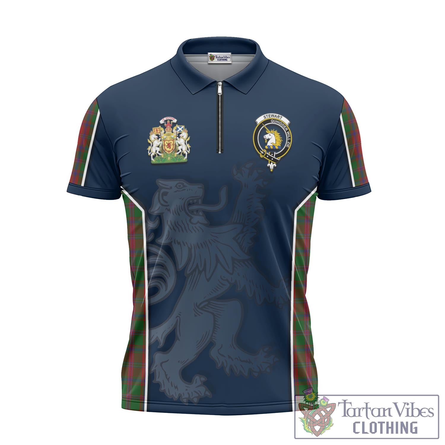 Tartan Vibes Clothing Stewart of Appin Tartan Zipper Polo Shirt with Family Crest and Lion Rampant Vibes Sport Style