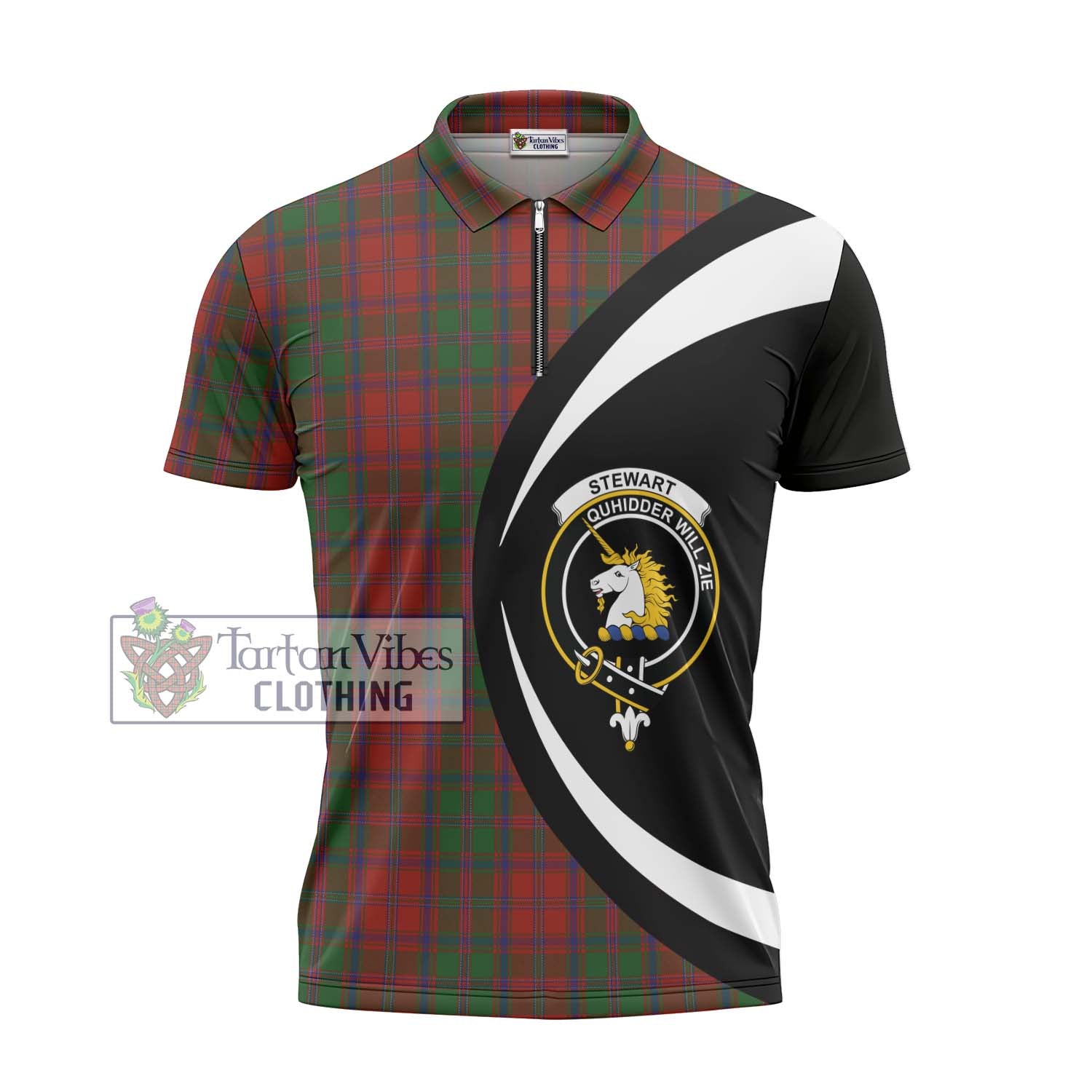 Tartan Vibes Clothing Stewart of Appin Tartan Zipper Polo Shirt with Family Crest Circle Style