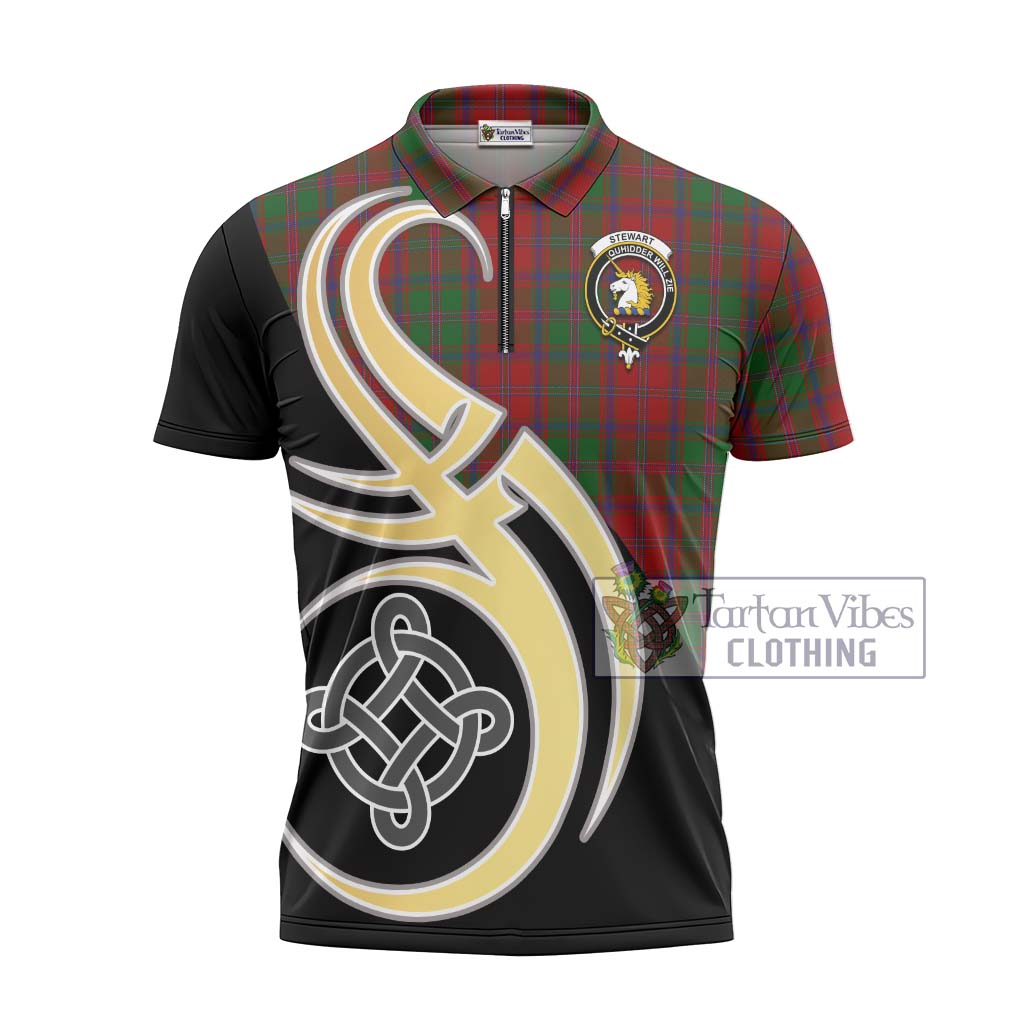 Tartan Vibes Clothing Stewart of Appin Tartan Zipper Polo Shirt with Family Crest and Celtic Symbol Style