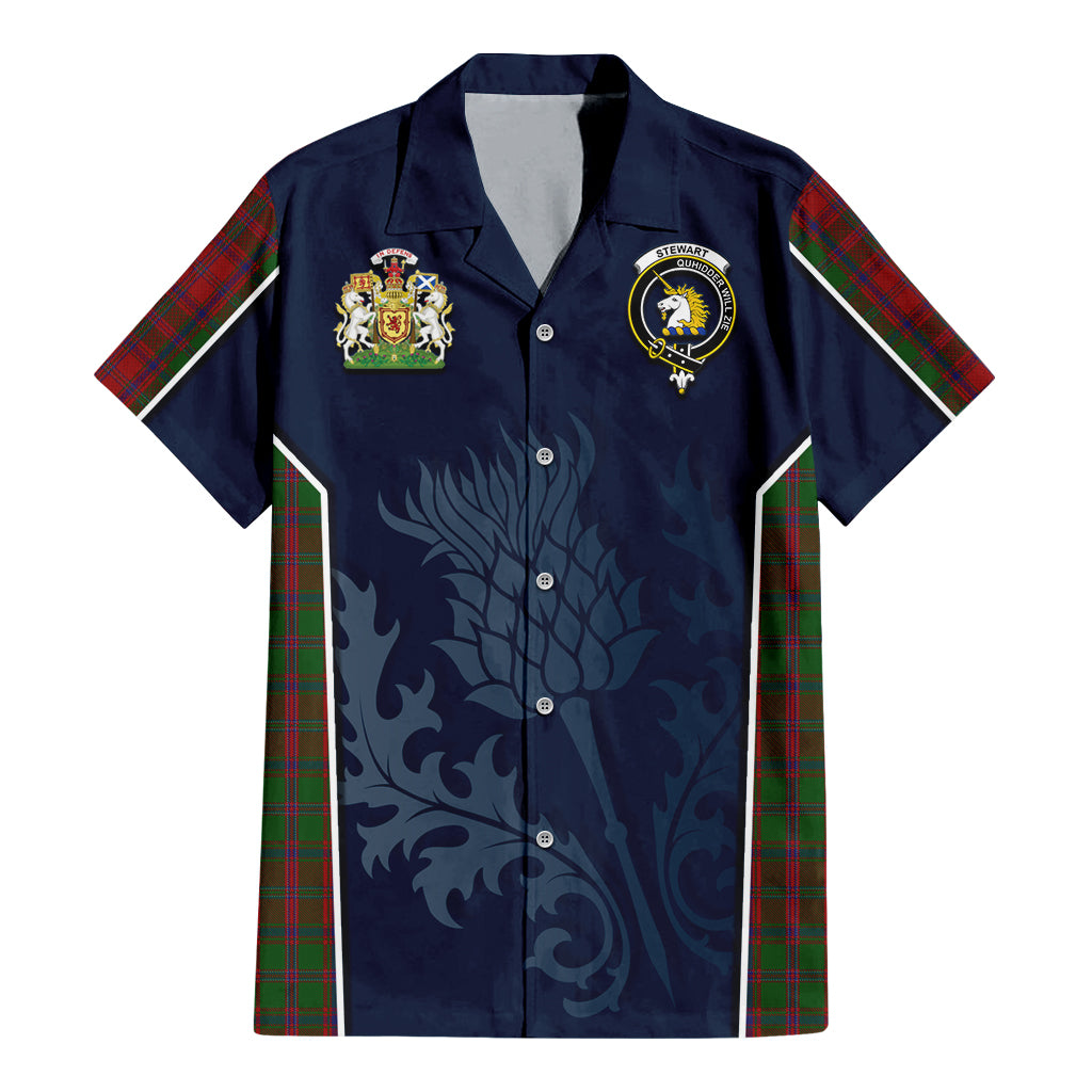 Tartan Vibes Clothing Stewart of Appin Tartan Short Sleeve Button Up Shirt with Family Crest and Scottish Thistle Vibes Sport Style