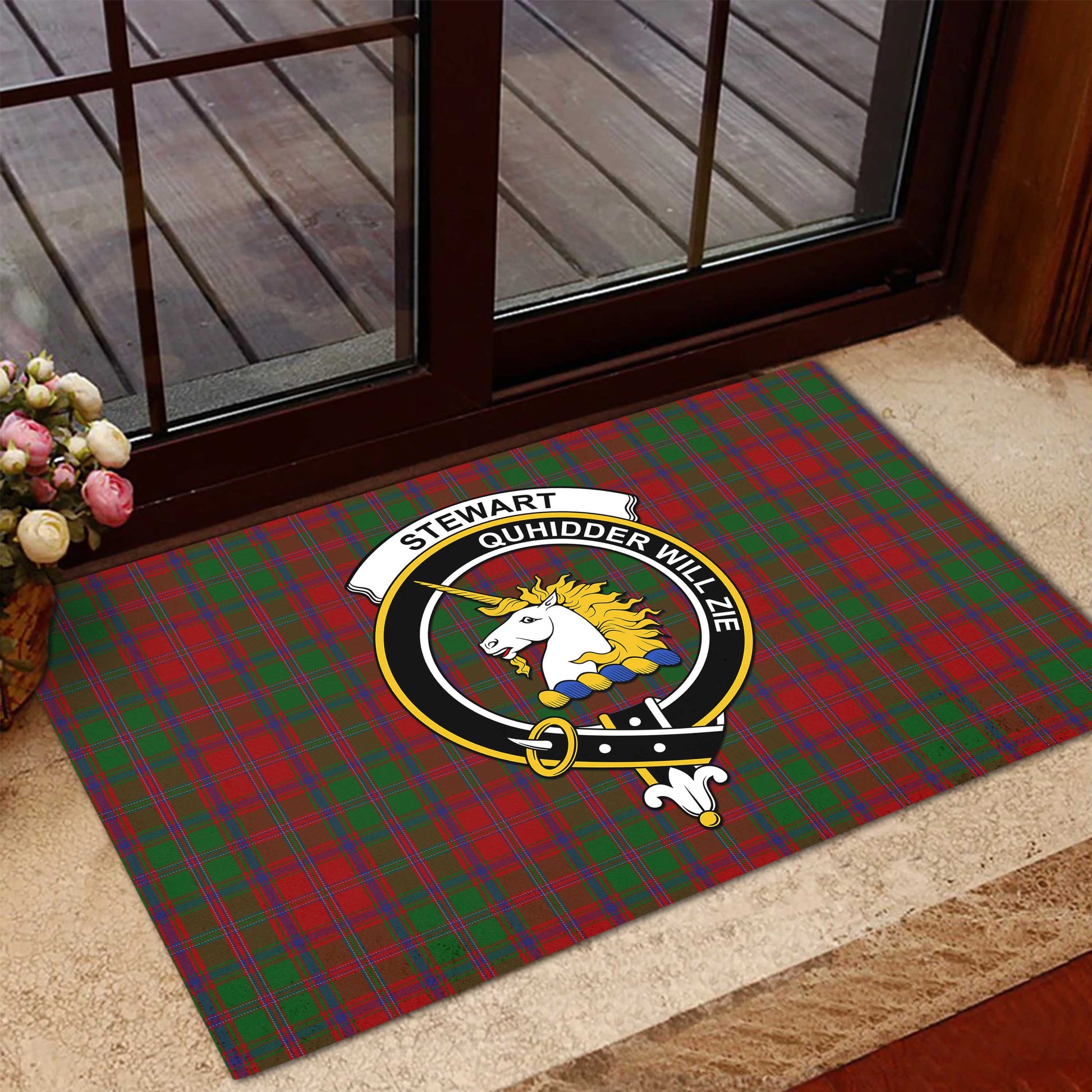 Stewart of Appin Tartan Door Mat with Family Crest - Tartanvibesclothing Shop