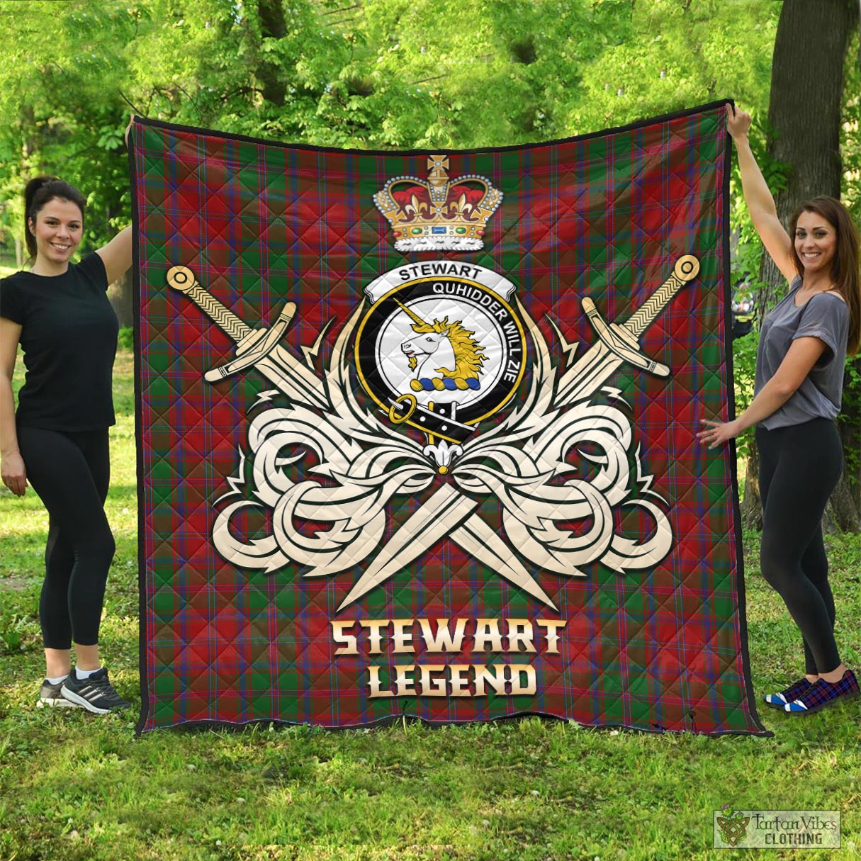 Tartan Vibes Clothing Stewart of Appin Tartan Quilt with Clan Crest and the Golden Sword of Courageous Legacy