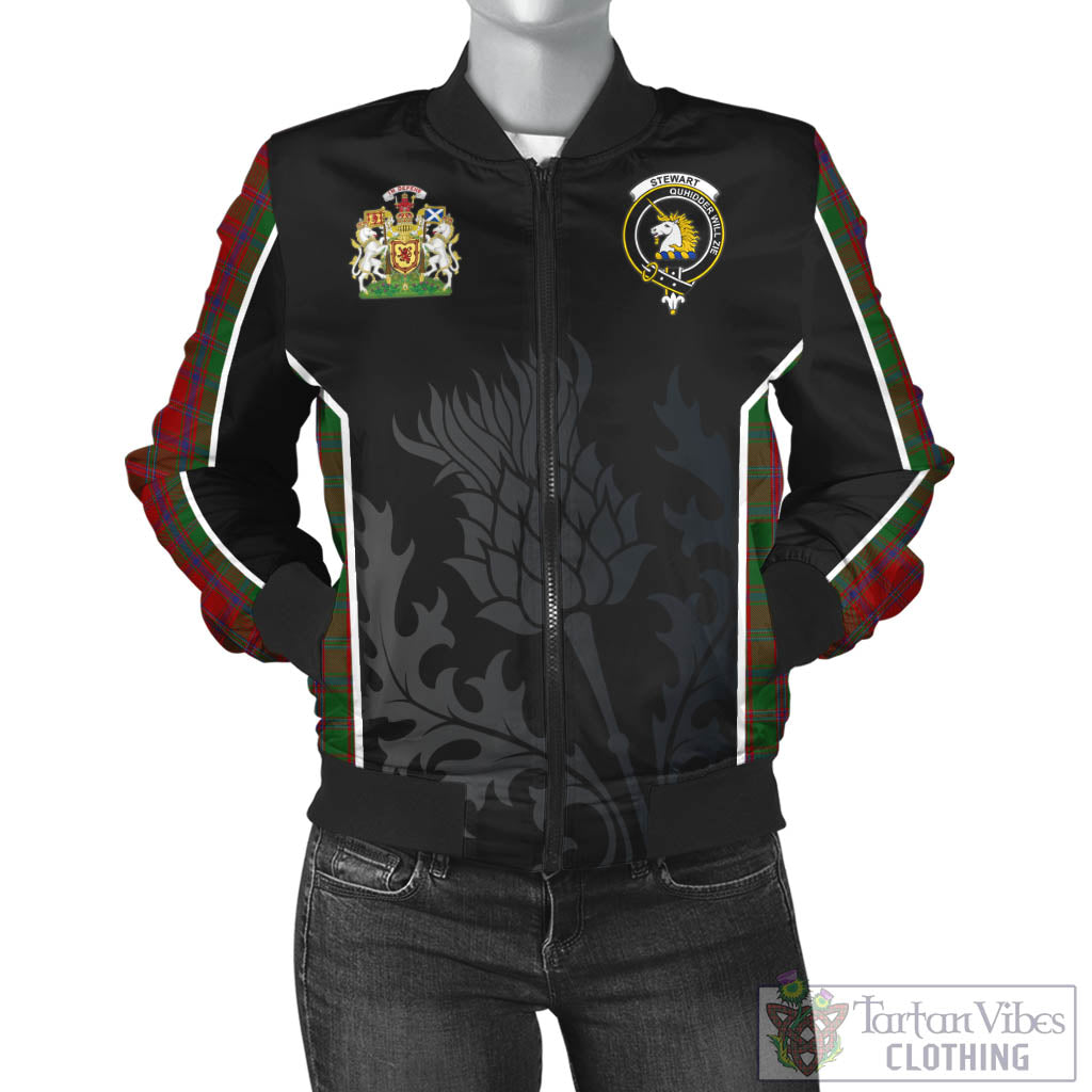 Tartan Vibes Clothing Stewart of Appin Tartan Bomber Jacket with Family Crest and Scottish Thistle Vibes Sport Style