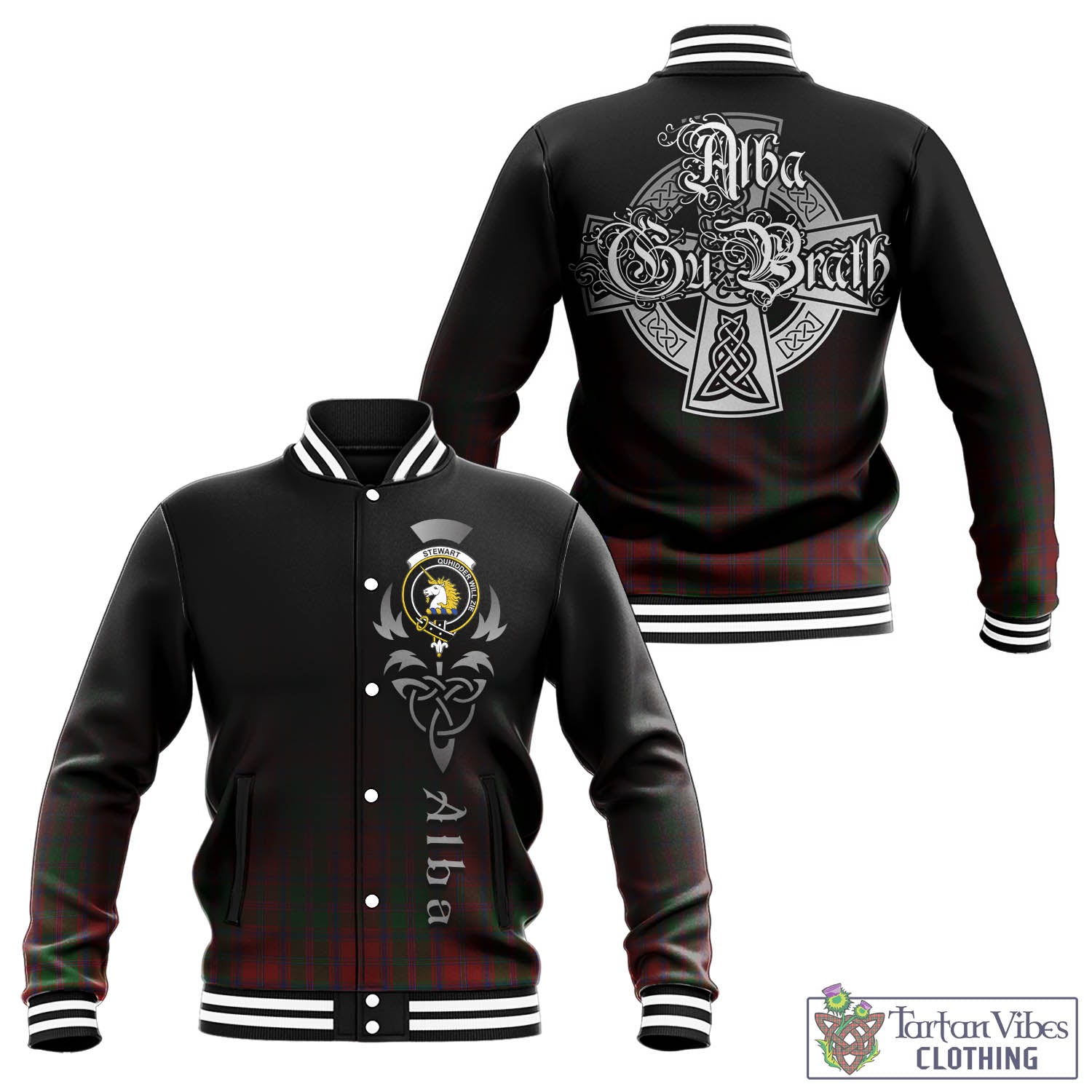 Tartan Vibes Clothing Stewart of Appin Tartan Baseball Jacket Featuring Alba Gu Brath Family Crest Celtic Inspired