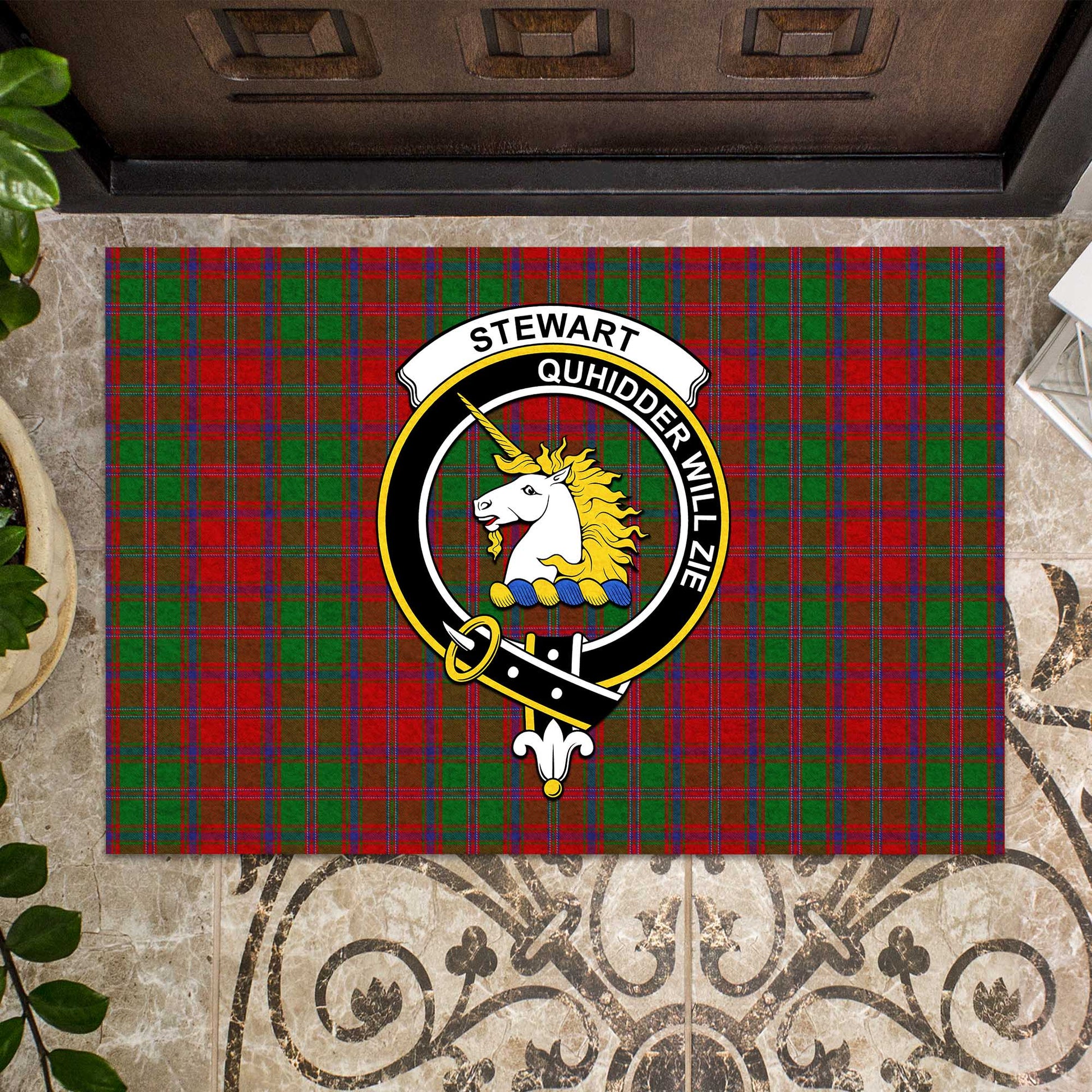 Stewart of Appin Tartan Door Mat with Family Crest - Tartanvibesclothing Shop