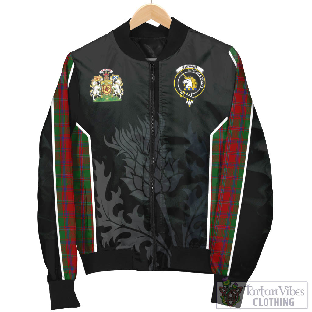 Tartan Vibes Clothing Stewart of Appin Tartan Bomber Jacket with Family Crest and Scottish Thistle Vibes Sport Style