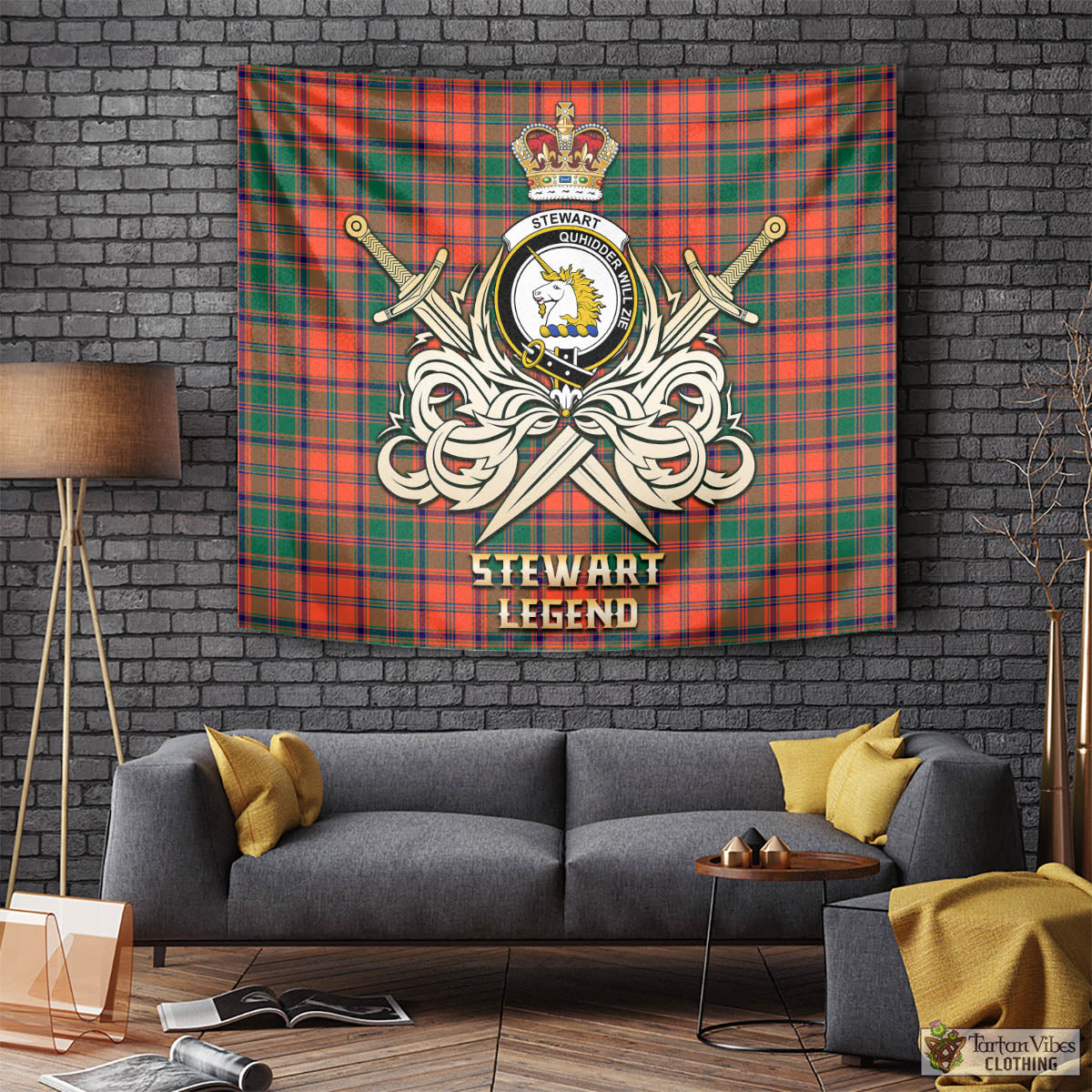 Tartan Vibes Clothing Stewart of Appin Ancient Tartan Tapestry with Clan Crest and the Golden Sword of Courageous Legacy