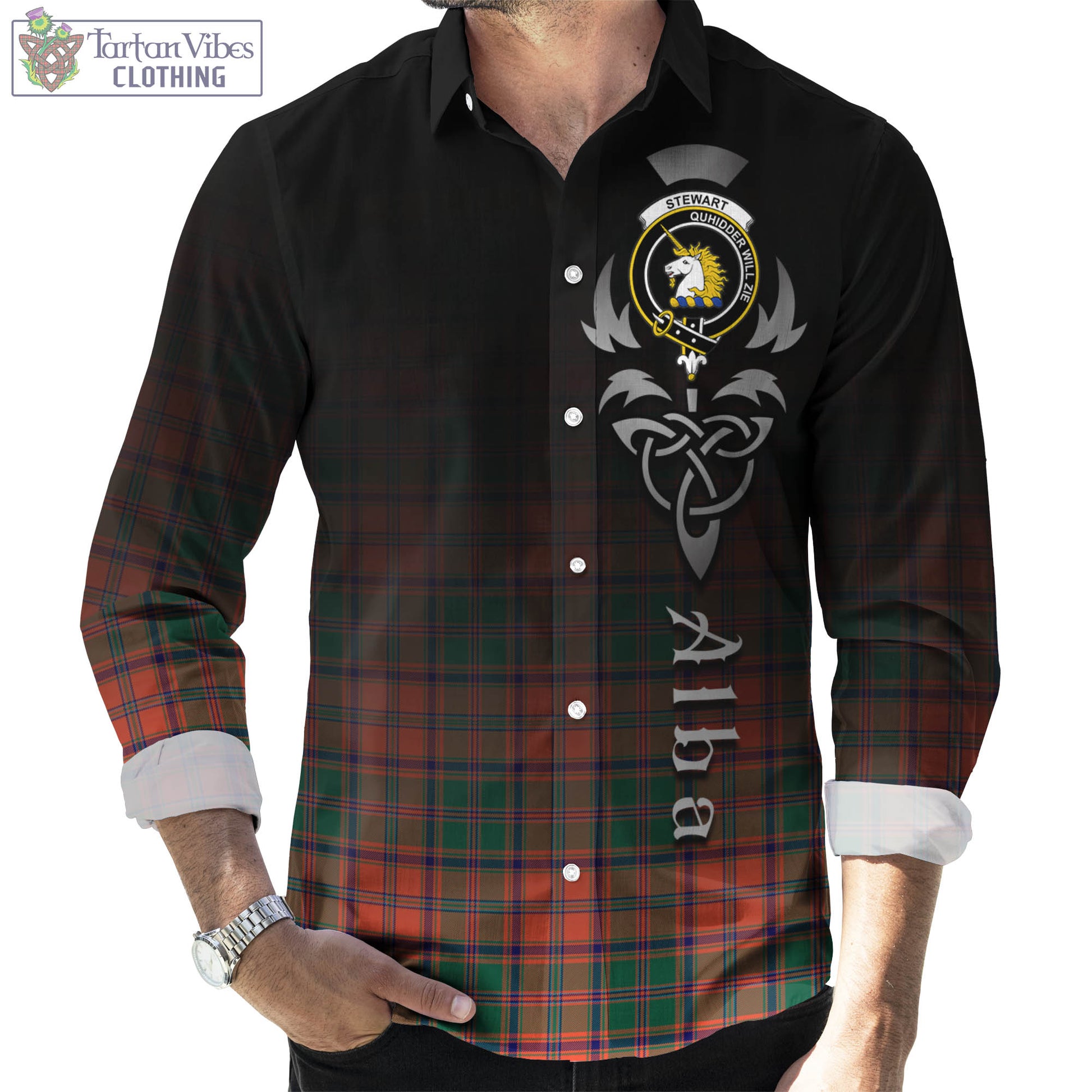 Tartan Vibes Clothing Stewart of Appin Ancient Tartan Long Sleeve Button Up Featuring Alba Gu Brath Family Crest Celtic Inspired