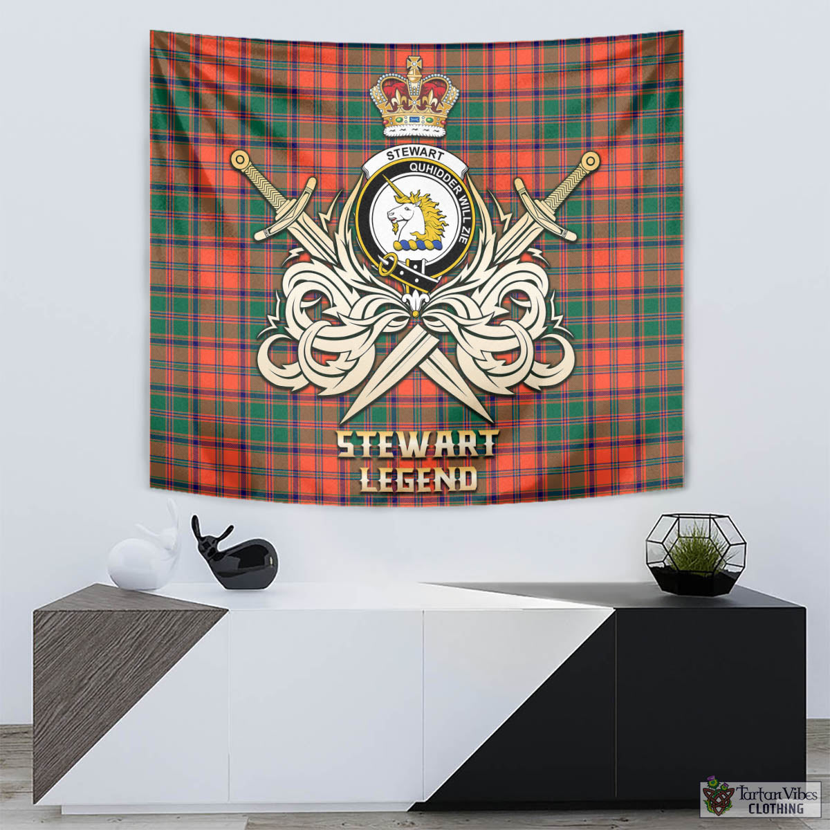 Tartan Vibes Clothing Stewart of Appin Ancient Tartan Tapestry with Clan Crest and the Golden Sword of Courageous Legacy