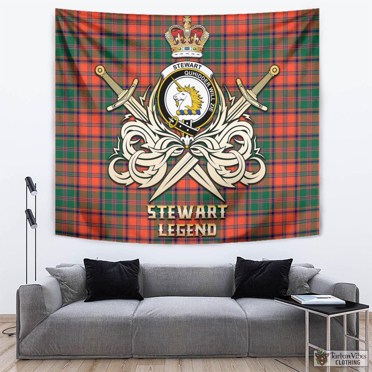 Tartan Vibes Clothing Stewart of Appin Ancient Tartan Tapestry with Clan Crest and the Golden Sword of Courageous Legacy