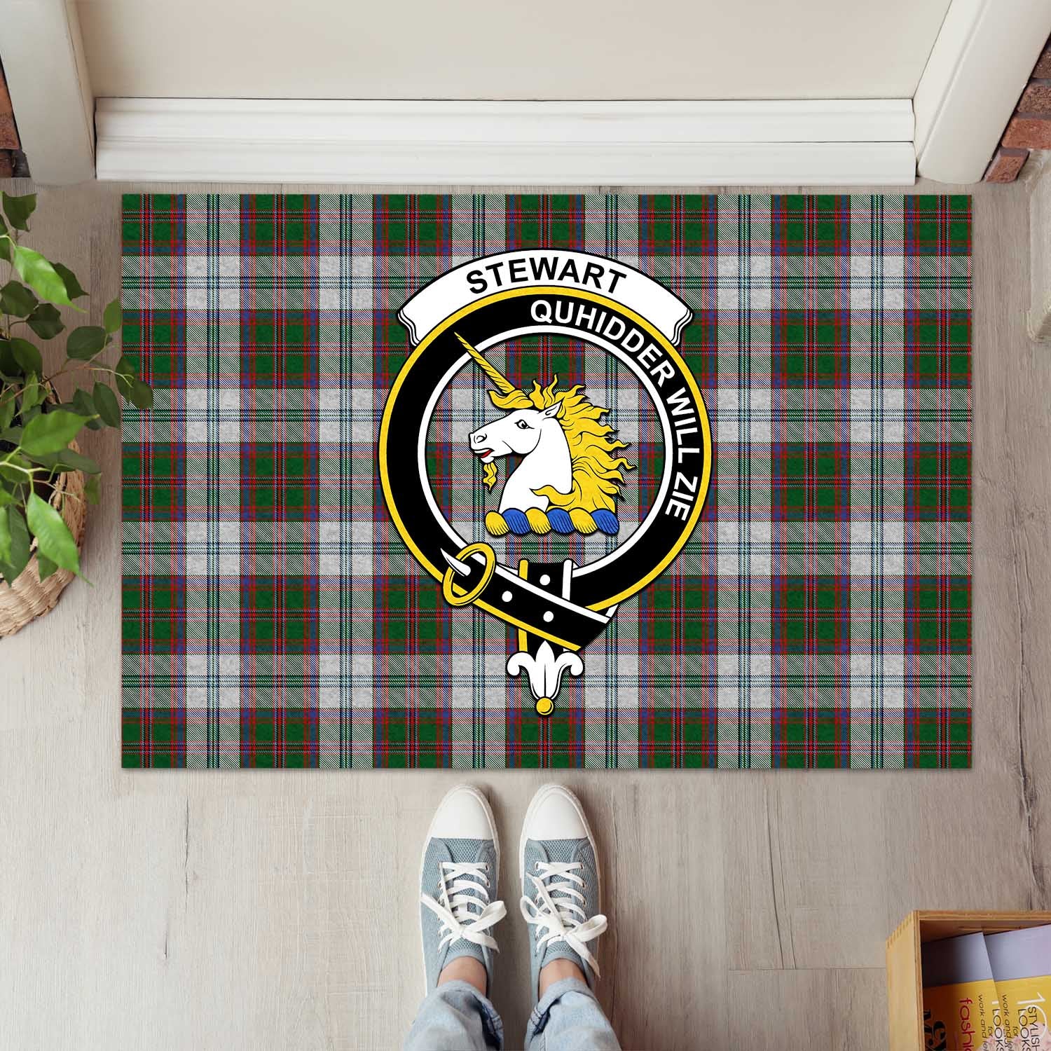 Stewart of Appin Dress Tartan Door Mat with Family Crest - Tartanvibesclothing Shop