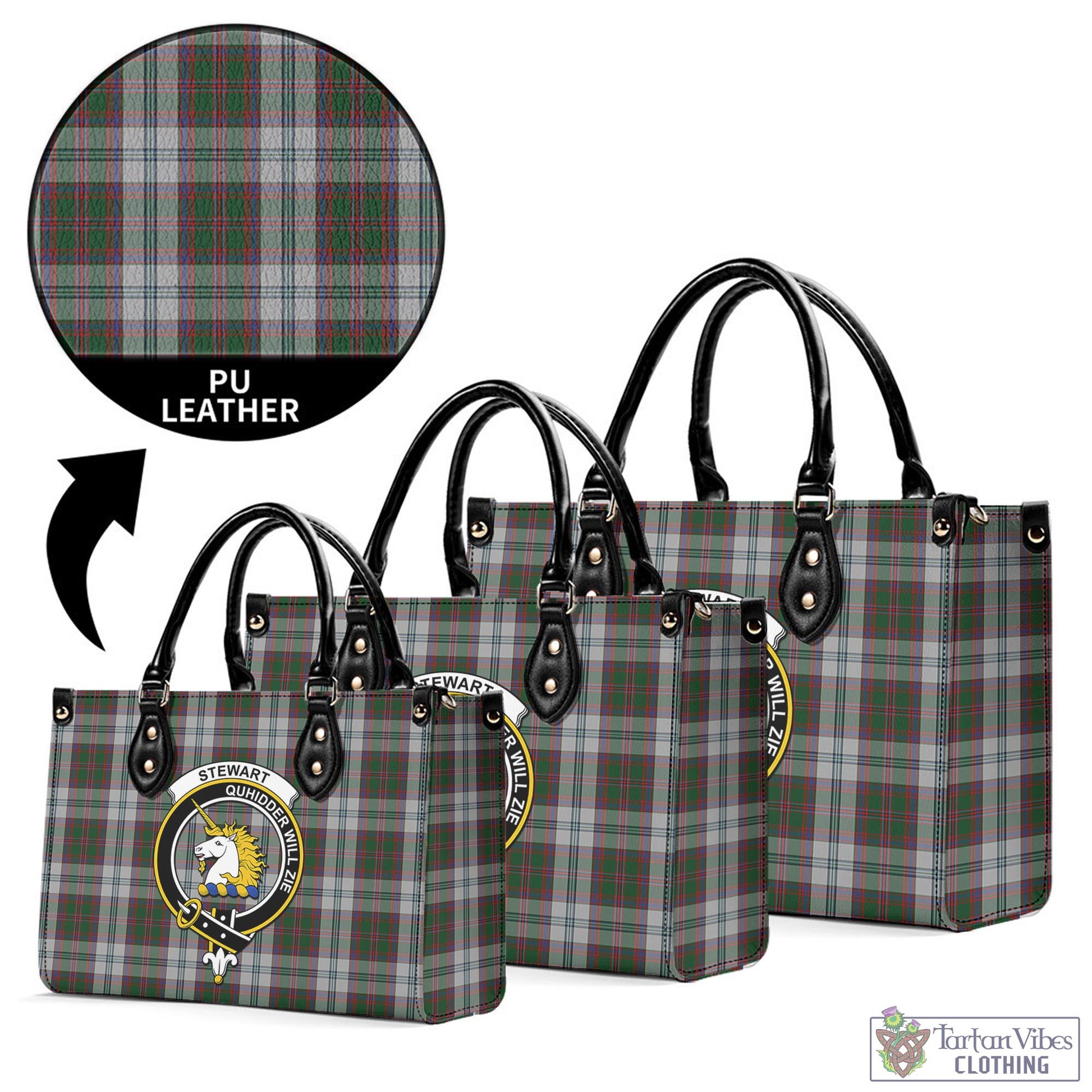 Tartan Vibes Clothing Stewart of Appin Dress Tartan Luxury Leather Handbags with Family Crest