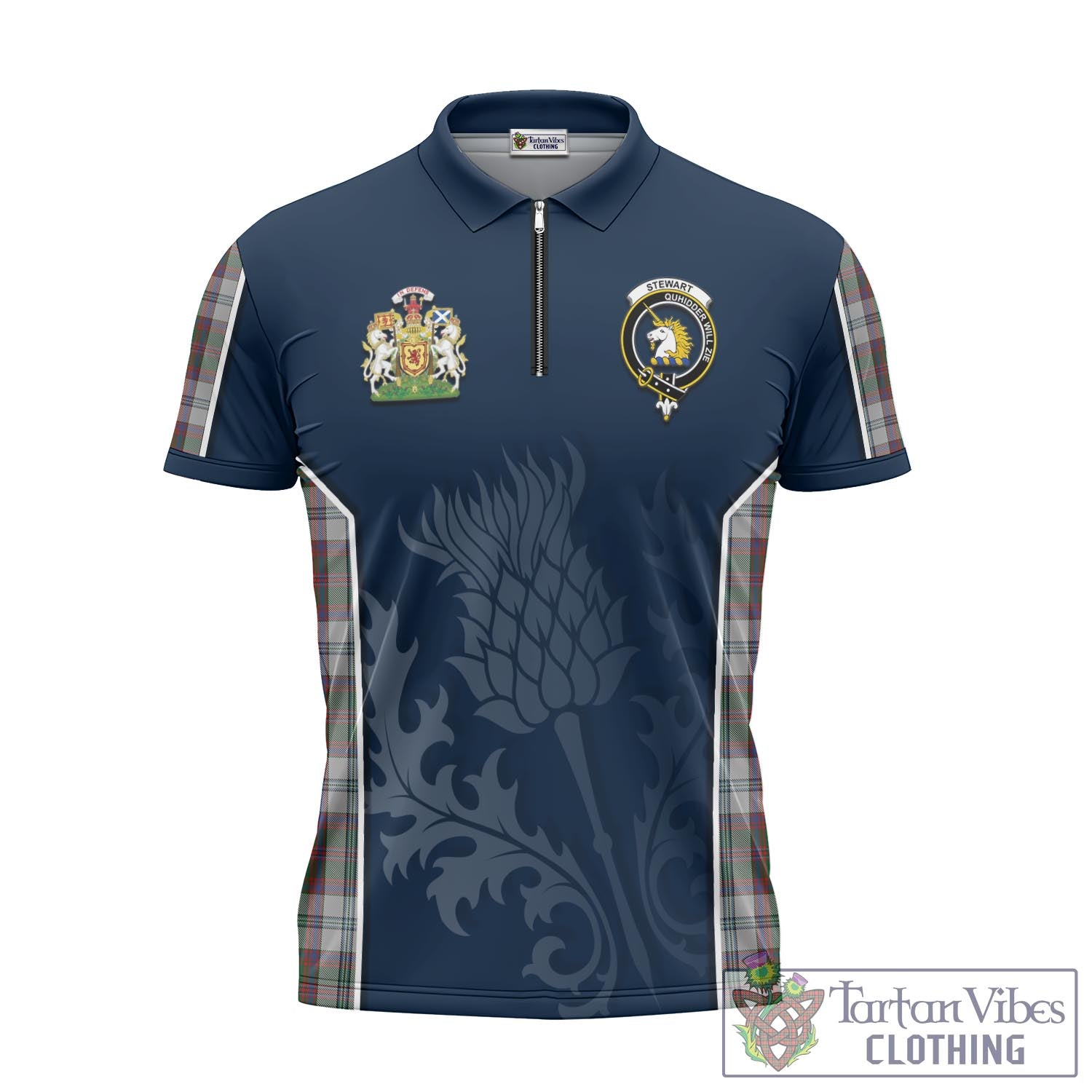 Tartan Vibes Clothing Stewart of Appin Dress Tartan Zipper Polo Shirt with Family Crest and Scottish Thistle Vibes Sport Style