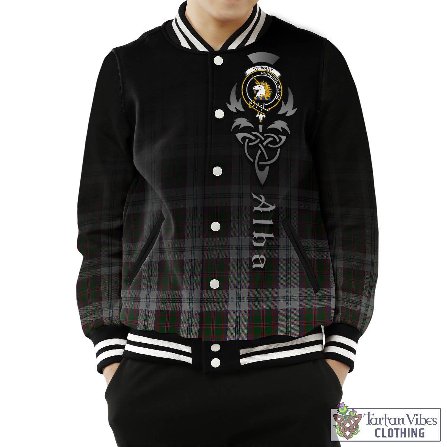 Tartan Vibes Clothing Stewart of Appin Dress Tartan Baseball Jacket Featuring Alba Gu Brath Family Crest Celtic Inspired