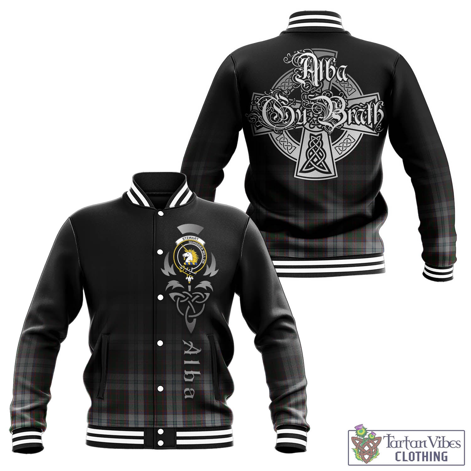 Tartan Vibes Clothing Stewart of Appin Dress Tartan Baseball Jacket Featuring Alba Gu Brath Family Crest Celtic Inspired