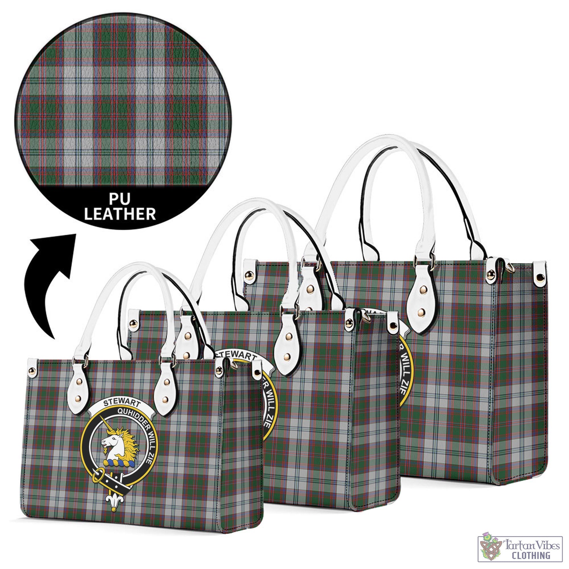 Tartan Vibes Clothing Stewart of Appin Dress Tartan Luxury Leather Handbags with Family Crest