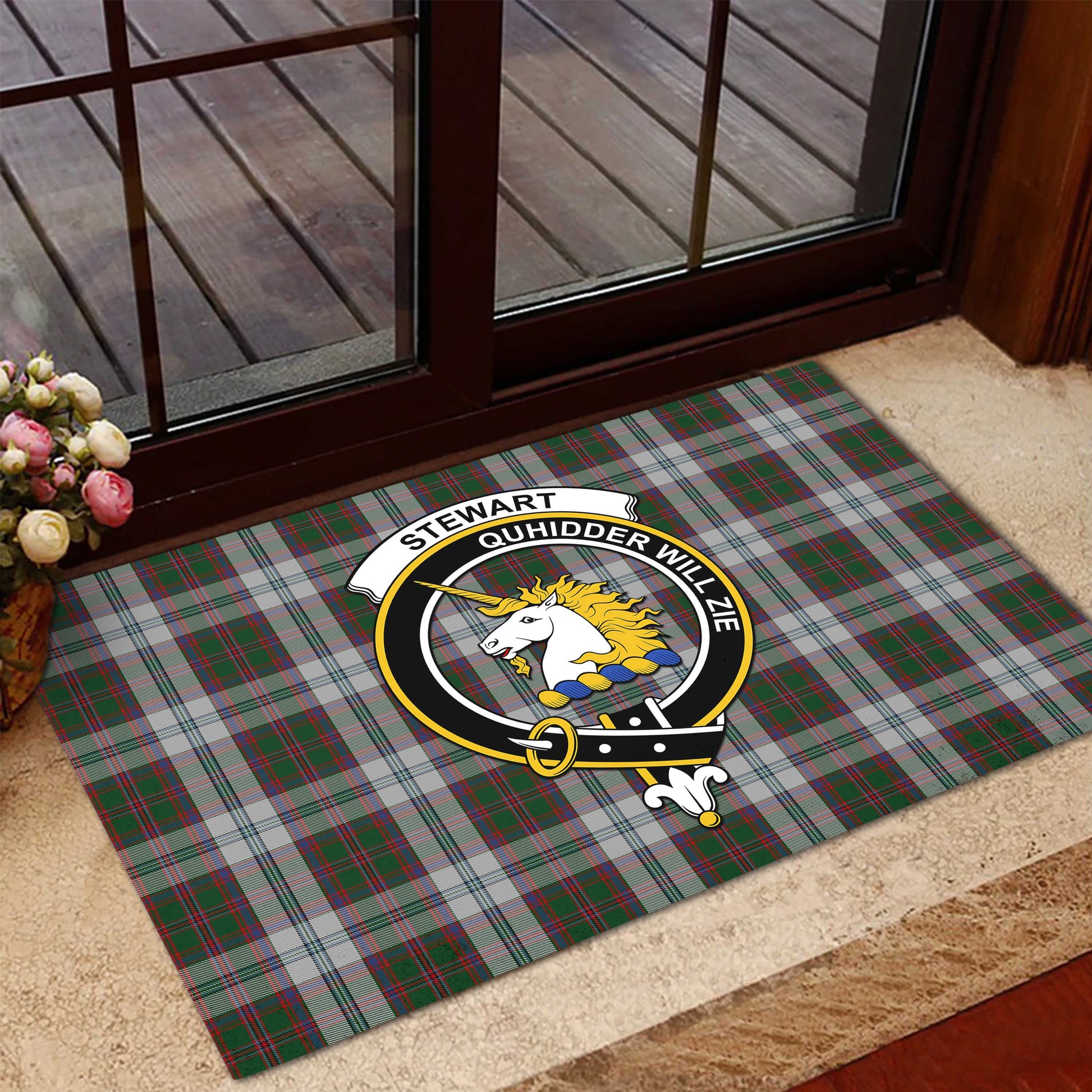 Stewart of Appin Dress Tartan Door Mat with Family Crest - Tartanvibesclothing Shop