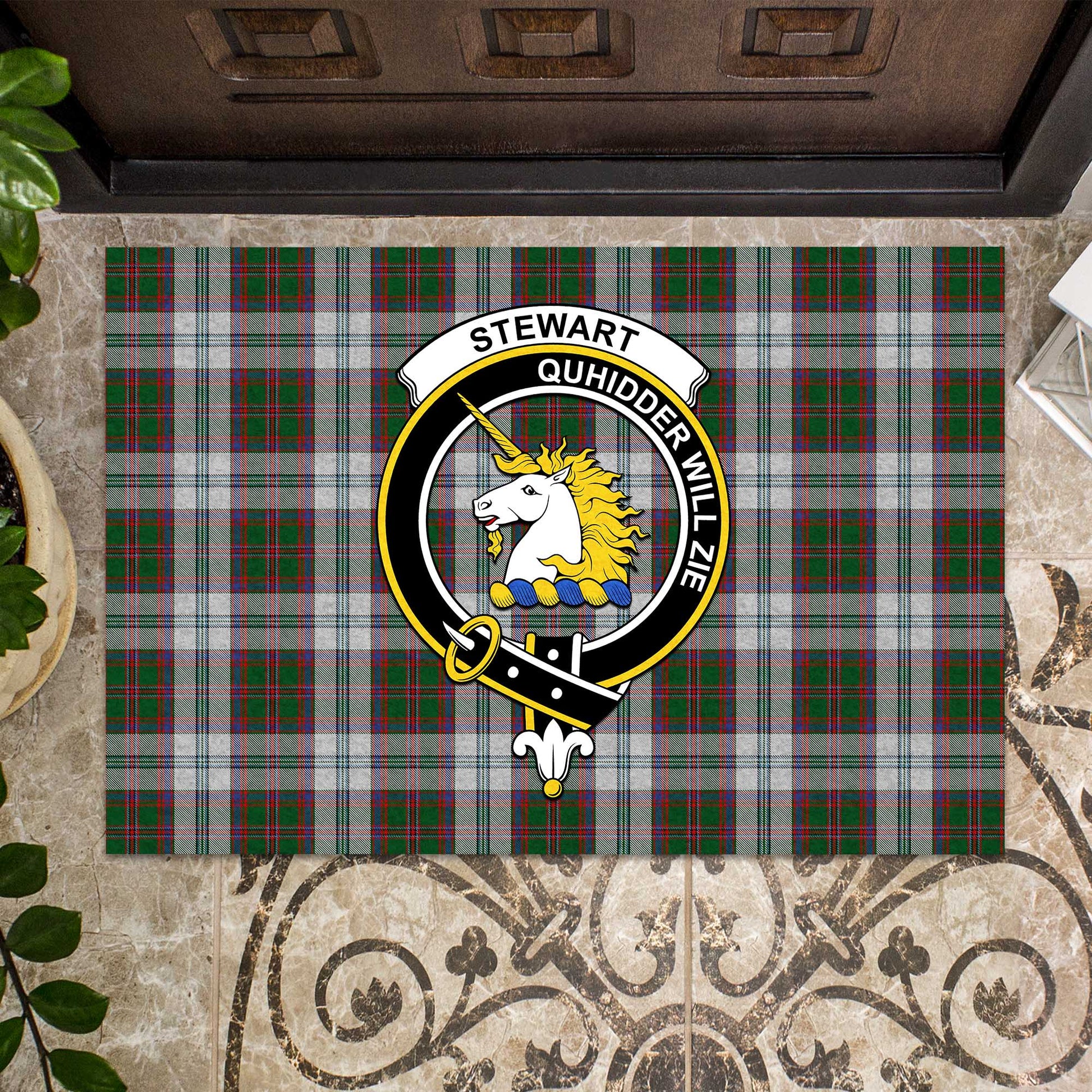 Stewart of Appin Dress Tartan Door Mat with Family Crest - Tartanvibesclothing Shop