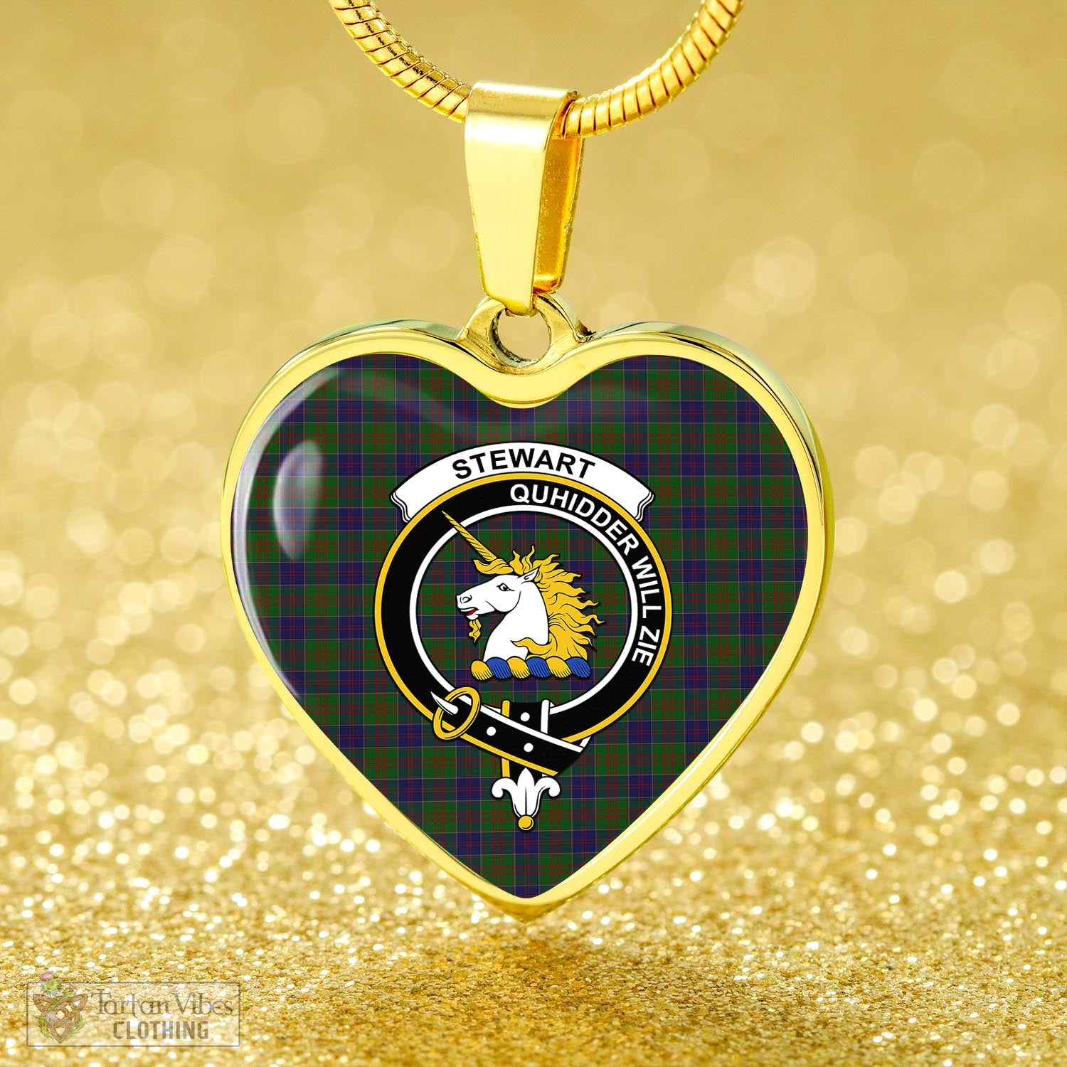 Tartan Vibes Clothing Stewart of Appin Hunting Tartan Heart Necklace with Family Crest