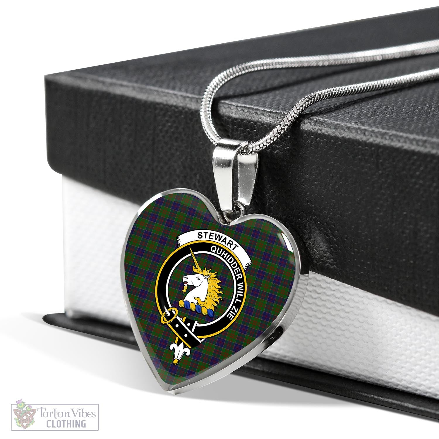 Tartan Vibes Clothing Stewart of Appin Hunting Tartan Heart Necklace with Family Crest