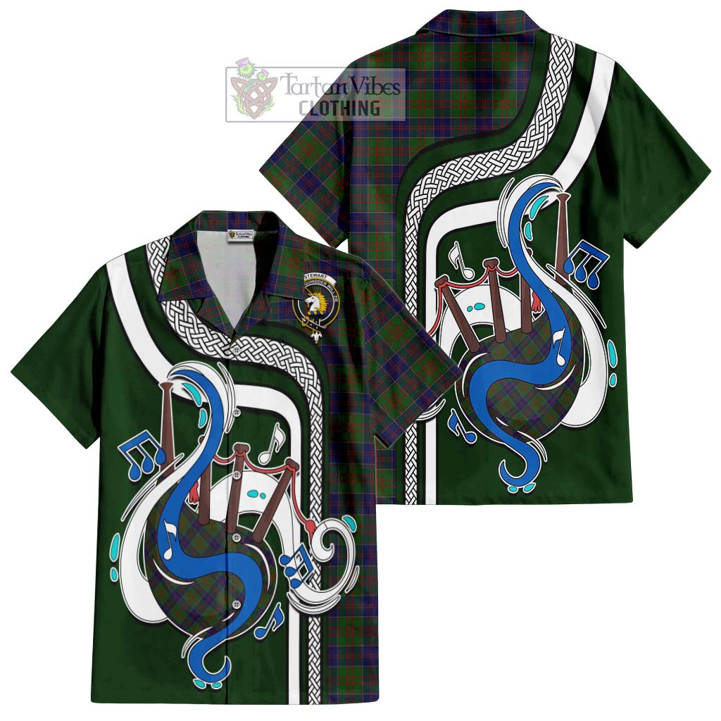 Tartan Vibes Clothing Stewart of Appin Hunting Tartan Short Sleeve Button Shirt with Epic Bagpipe Style