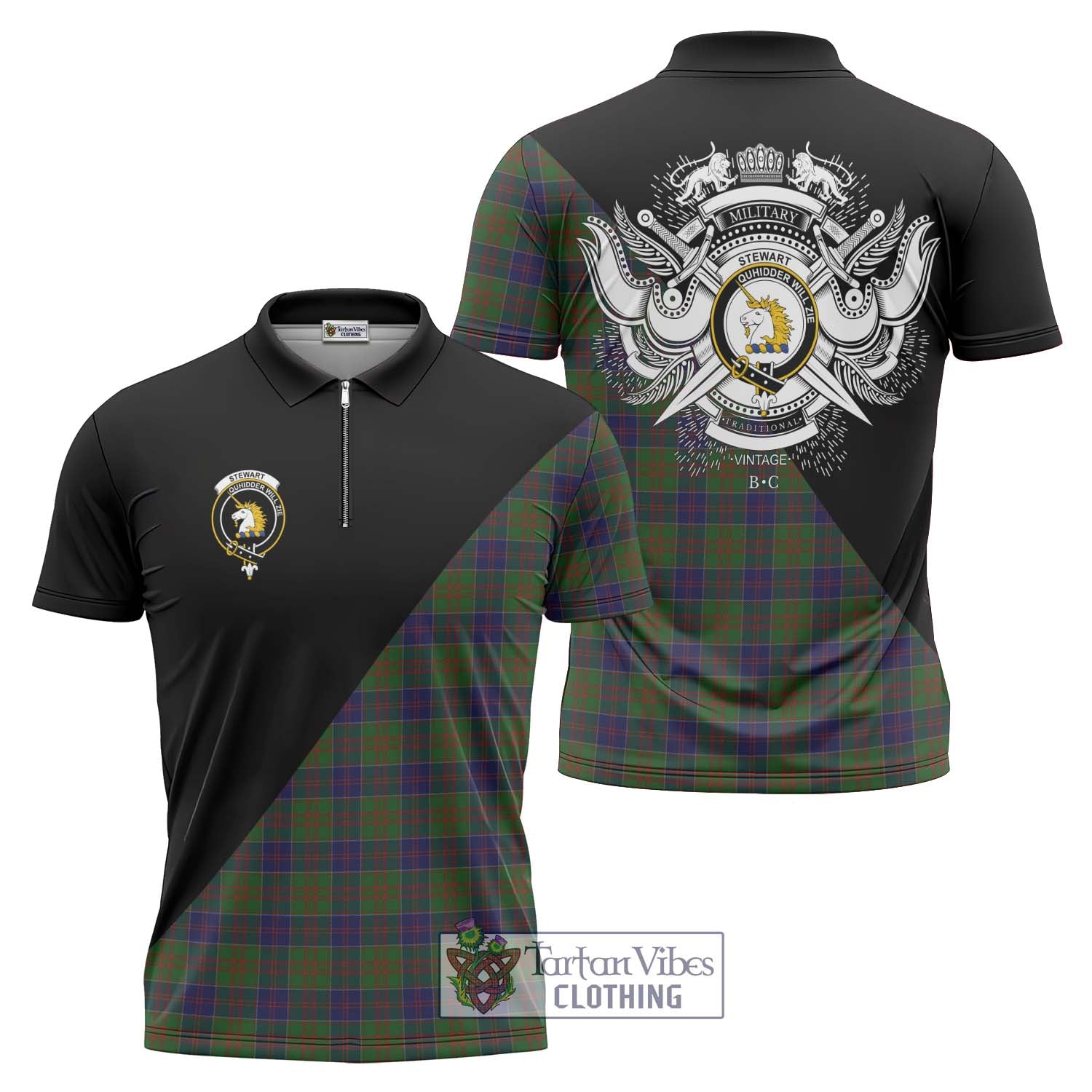 Tartan Vibes Clothing Stewart of Appin Hunting Tartan Zipper Polo Shirt with Family Crest and Military Logo Style