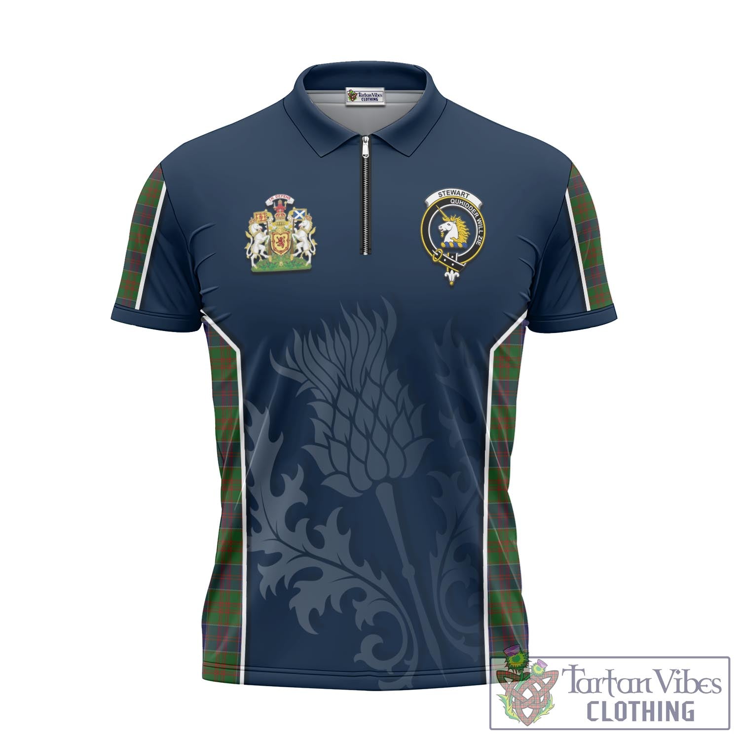 Tartan Vibes Clothing Stewart of Appin Hunting Tartan Zipper Polo Shirt with Family Crest and Scottish Thistle Vibes Sport Style