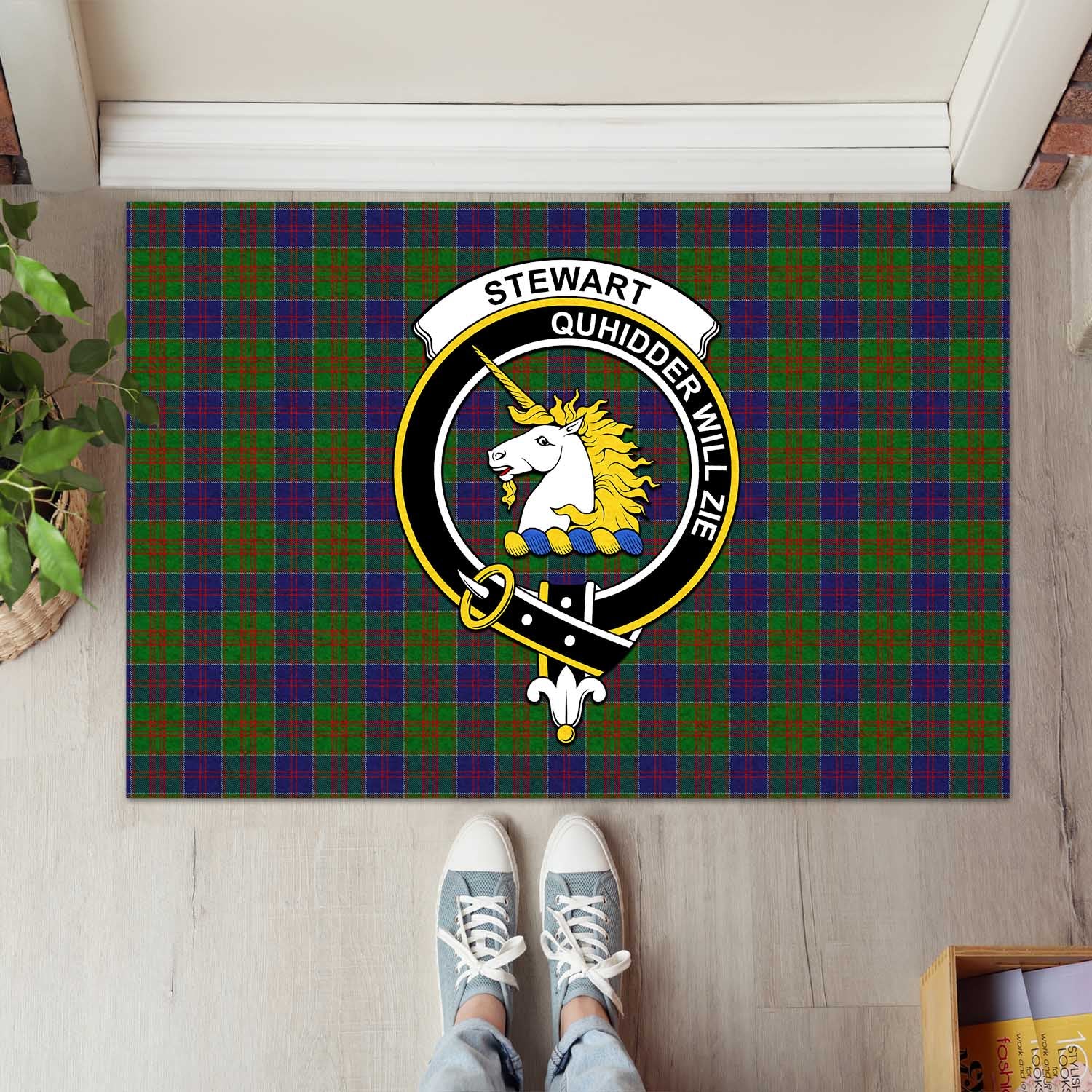 Stewart of Appin Hunting Tartan Door Mat with Family Crest - Tartanvibesclothing Shop