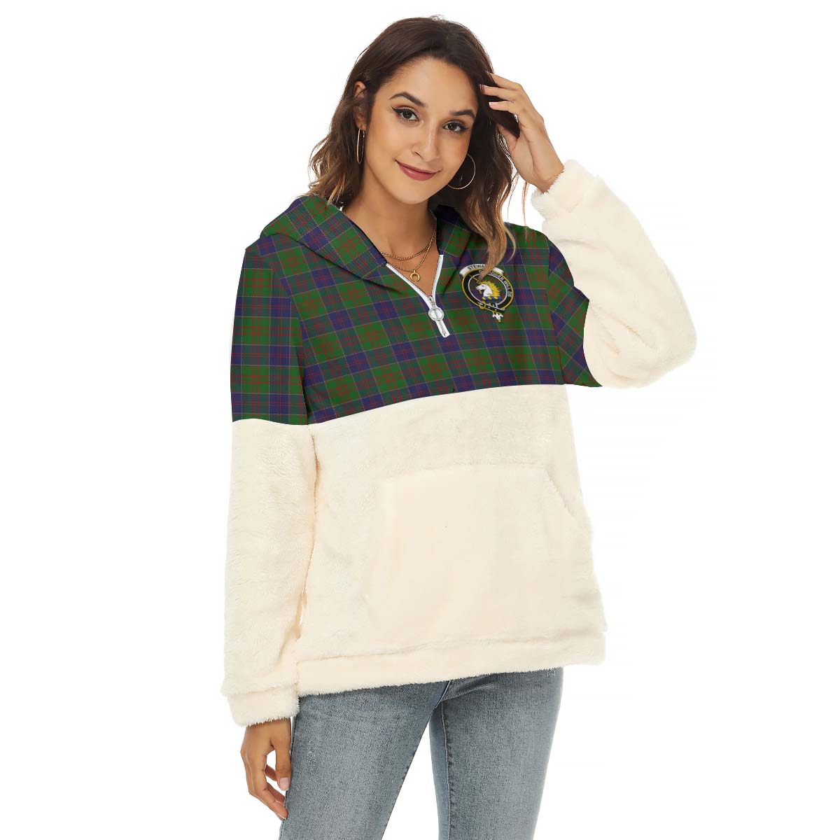 stewart-of-appin-hunting-tartan-womens-borg-fleece-hoodie-with-half-zip-with-family-crest