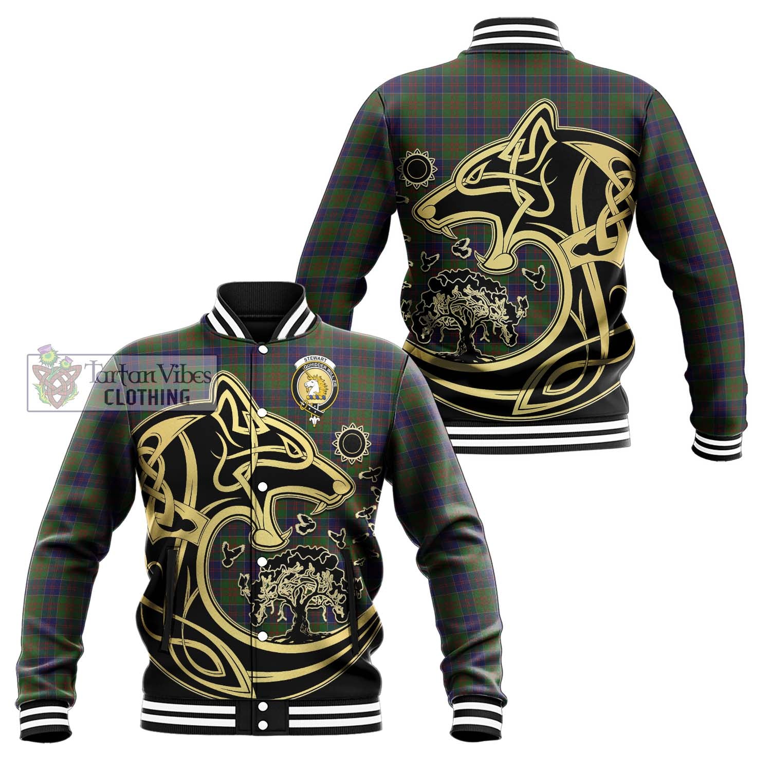 Tartan Vibes Clothing Stewart of Appin Hunting Tartan Baseball Jacket with Family Crest Celtic Wolf Style