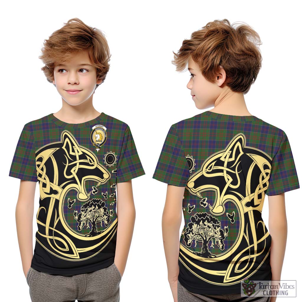 Tartan Vibes Clothing Stewart of Appin Hunting Tartan Kid T-Shirt with Family Crest Celtic Wolf Style