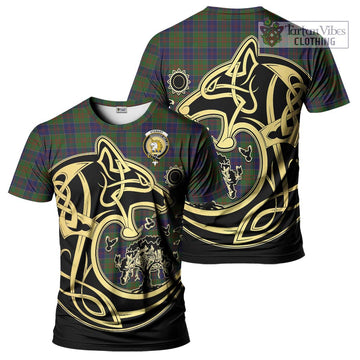 Stewart of Appin Hunting Tartan T-Shirt with Family Crest Celtic Wolf Style