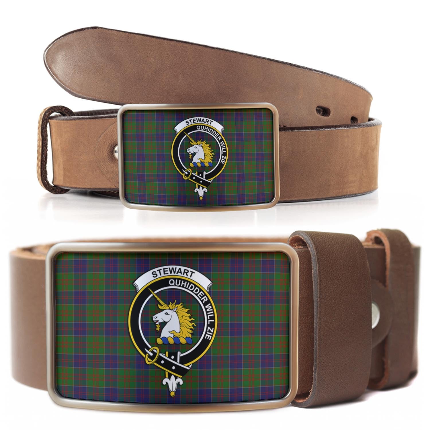 Stewart of Appin Hunting Tartan Belt Buckles with Family Crest - Tartanvibesclothing Shop