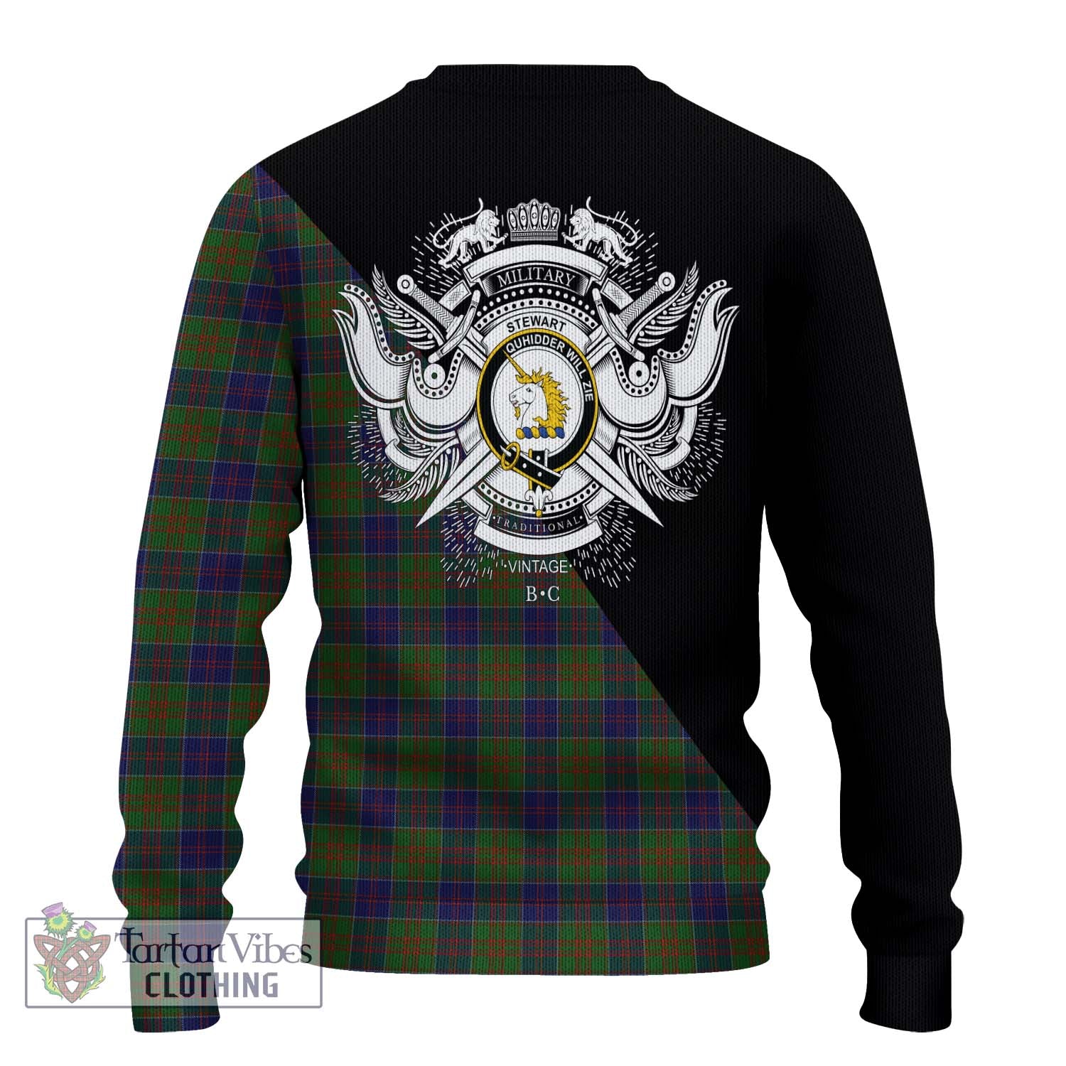 Tartan Vibes Clothing Stewart of Appin Hunting Tartan Knitted Sweater with Family Crest and Military Logo Style