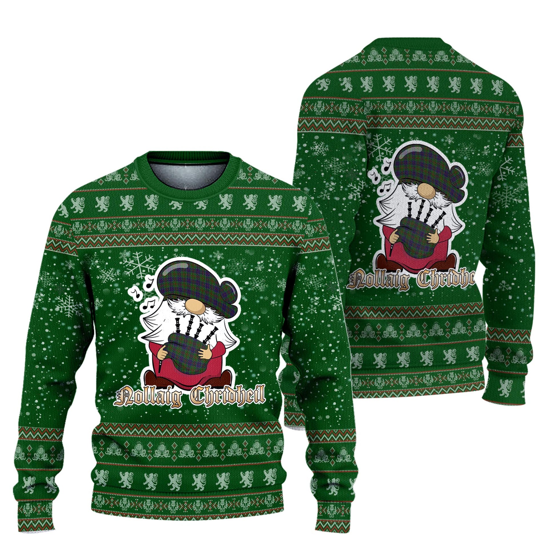 Stewart of Appin Hunting Clan Christmas Family Knitted Sweater with Funny Gnome Playing Bagpipes Unisex Green - Tartanvibesclothing
