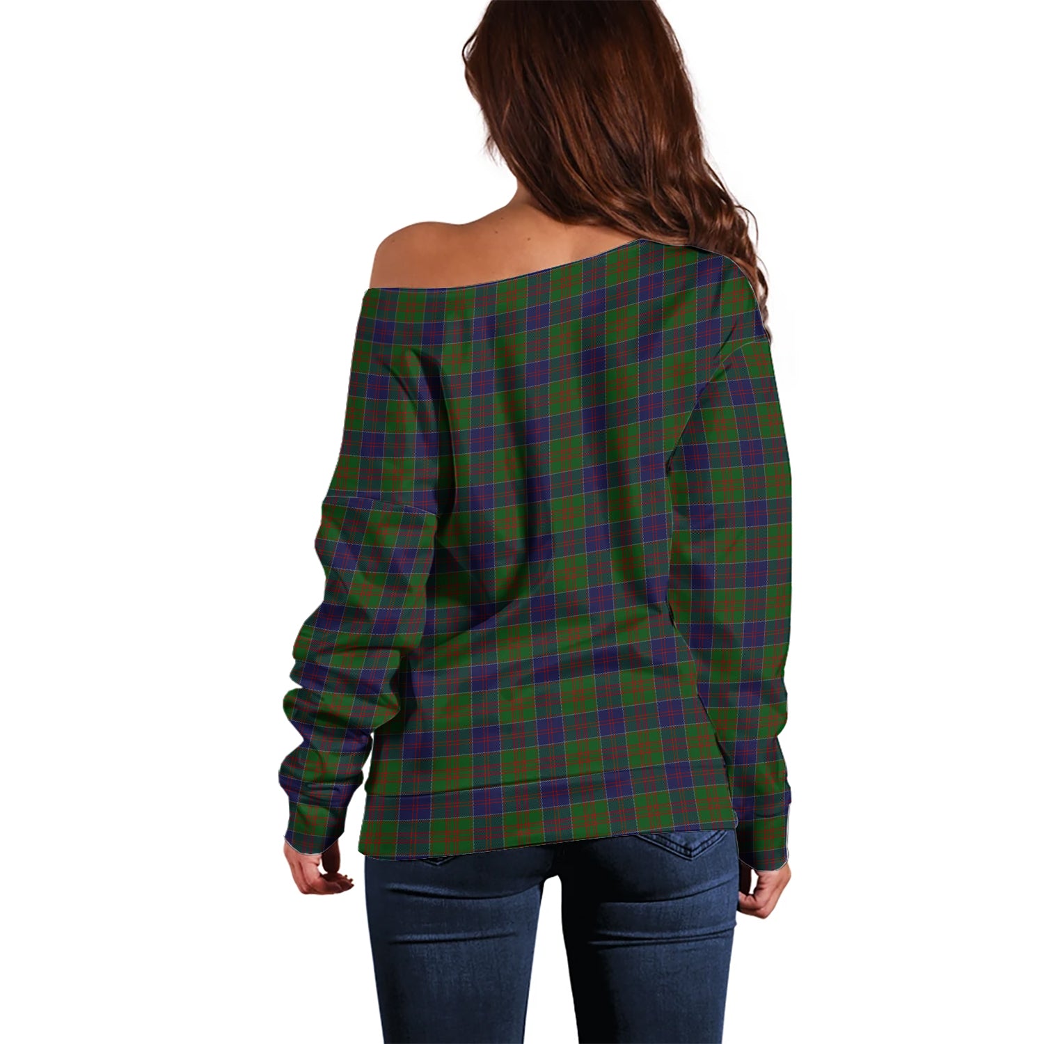 Stewart of Appin Hunting Tartan Off Shoulder Women Sweater with Family Crest - Tartanvibesclothing Shop