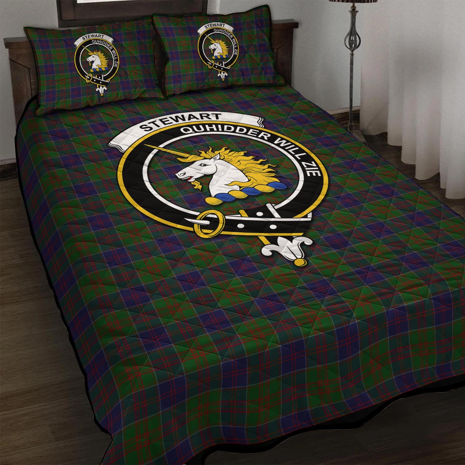 Stewart of Appin Hunting Tartan Quilt Bed Set with Family Crest
