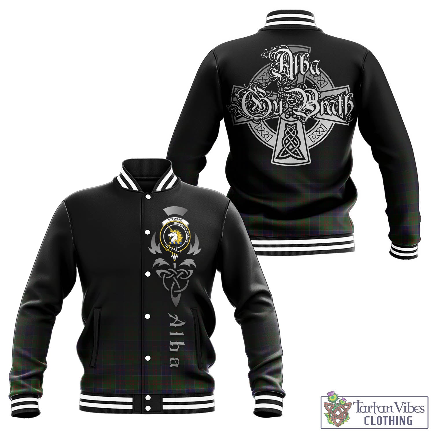 Tartan Vibes Clothing Stewart of Appin Hunting Tartan Baseball Jacket Featuring Alba Gu Brath Family Crest Celtic Inspired