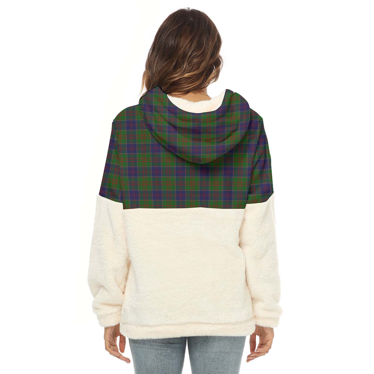 stewart-of-appin-hunting-tartan-womens-borg-fleece-hoodie-with-half-zip-with-family-crest